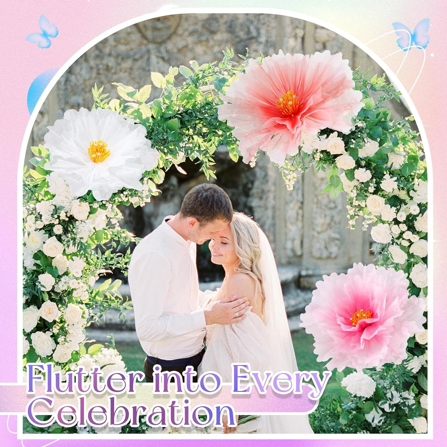 Havawish 3pcs 19.7in Giant Flowers Decoration, Artificial Gauze Large Flower Prop for Wedding Reception Banquet Ceremony Church Party, White Pink and Purple