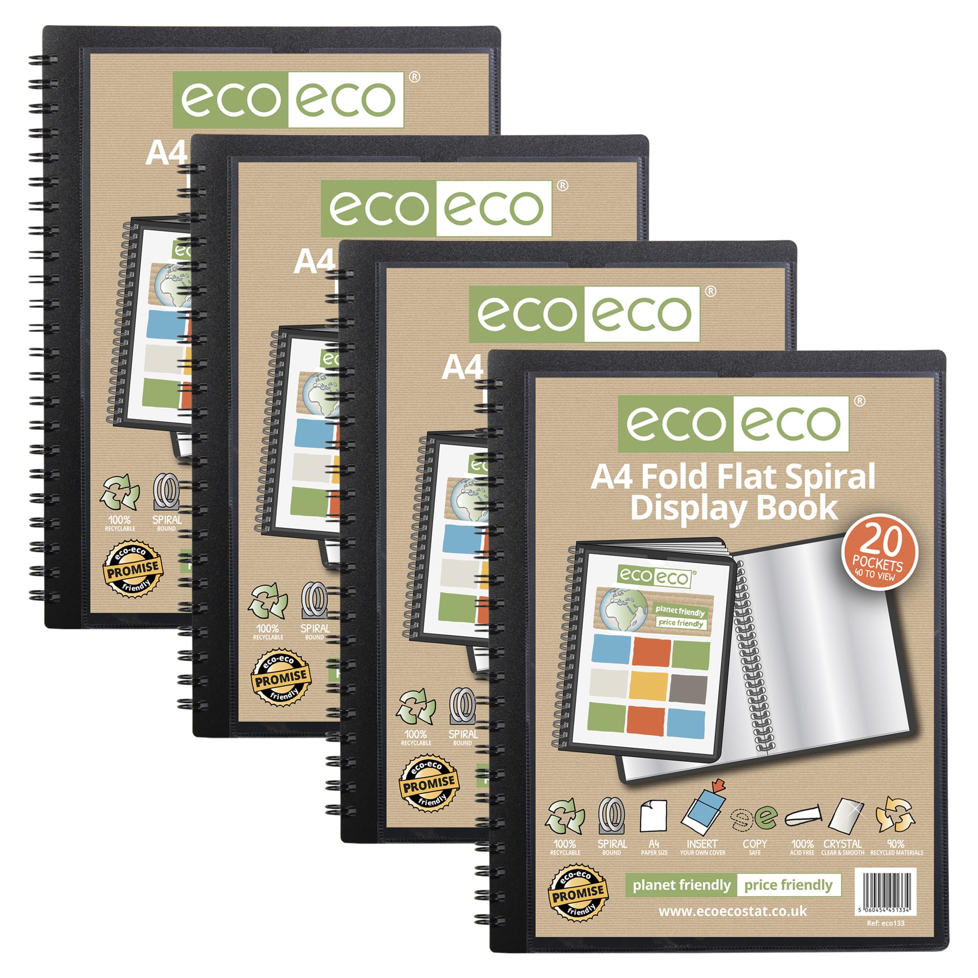eco-eco A4 50% Recycled 20 Pocket Fold Flat Spiral Bound Display Book, Pack of 4, eco133x4