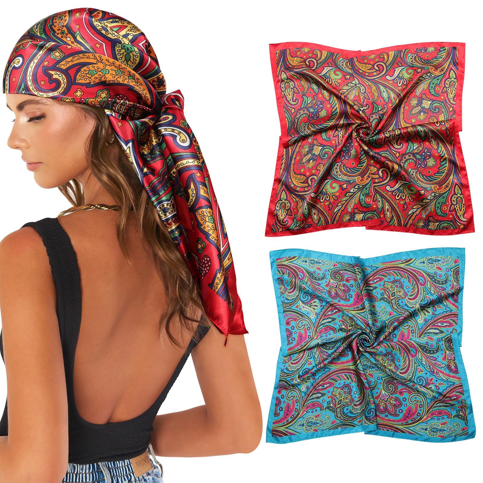 35” Large Satin Square Head Scarf - 2Pcs Silk Like Floral Head Scarves Square Satin Hair Scarf Bandanas for Women