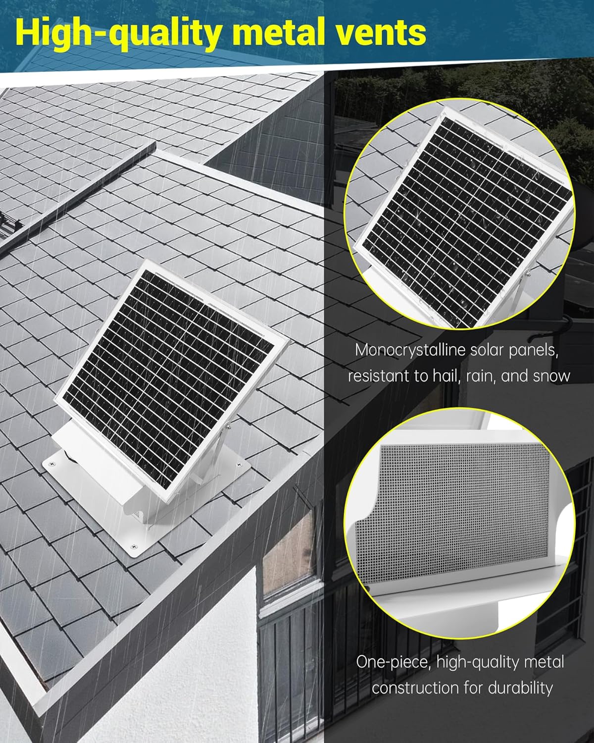 18W Solar Powered Roof Vent Fan with 8 Inch Removable Roof Vents, Ventilation and Cooling Solar Attic Exhaust Fan, Suitable for Lofts, Shops, Garages