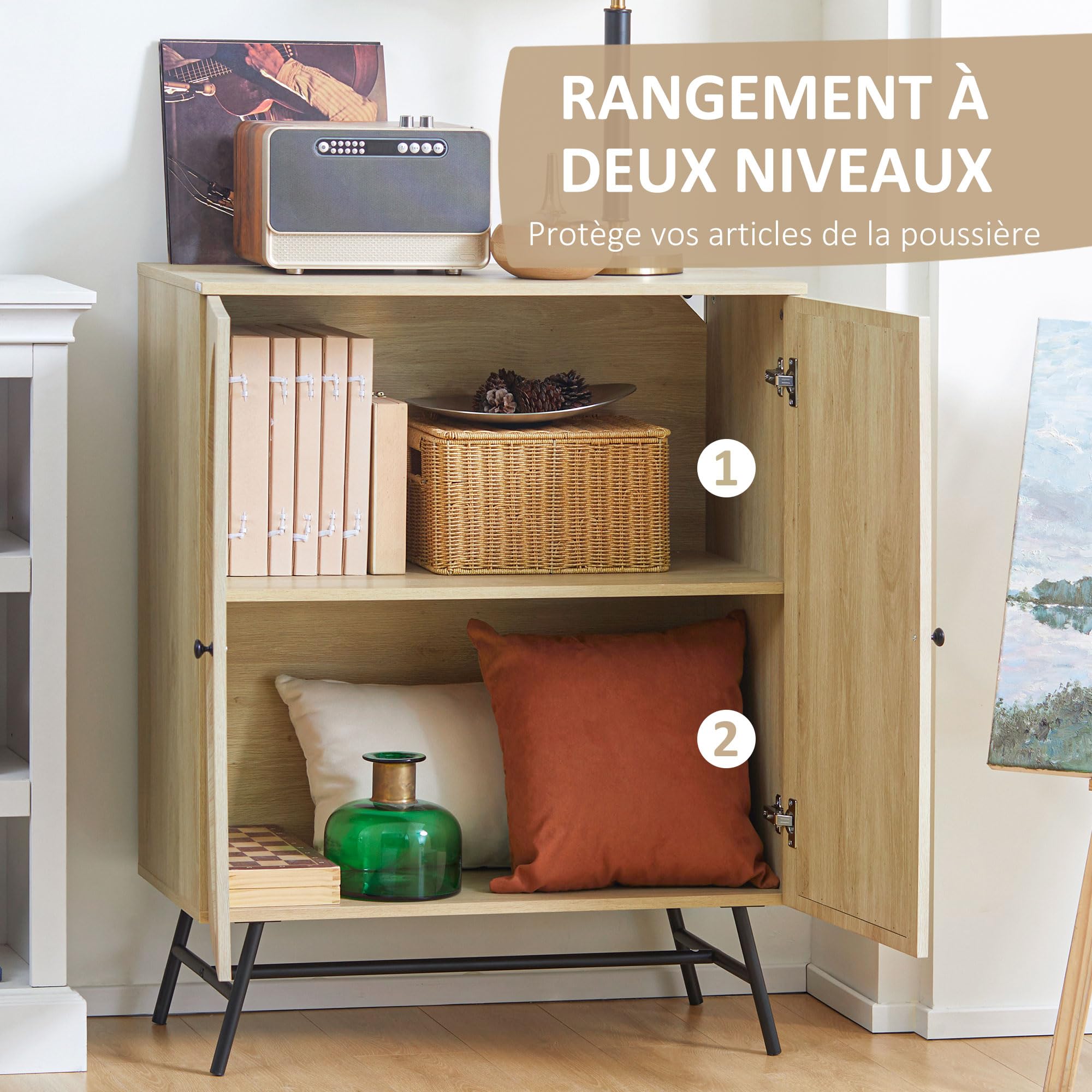 HOMCOM Meuble de Rangement Buffet Haut 2 Portes 80 x 39 x 101,8 cm Naturel
