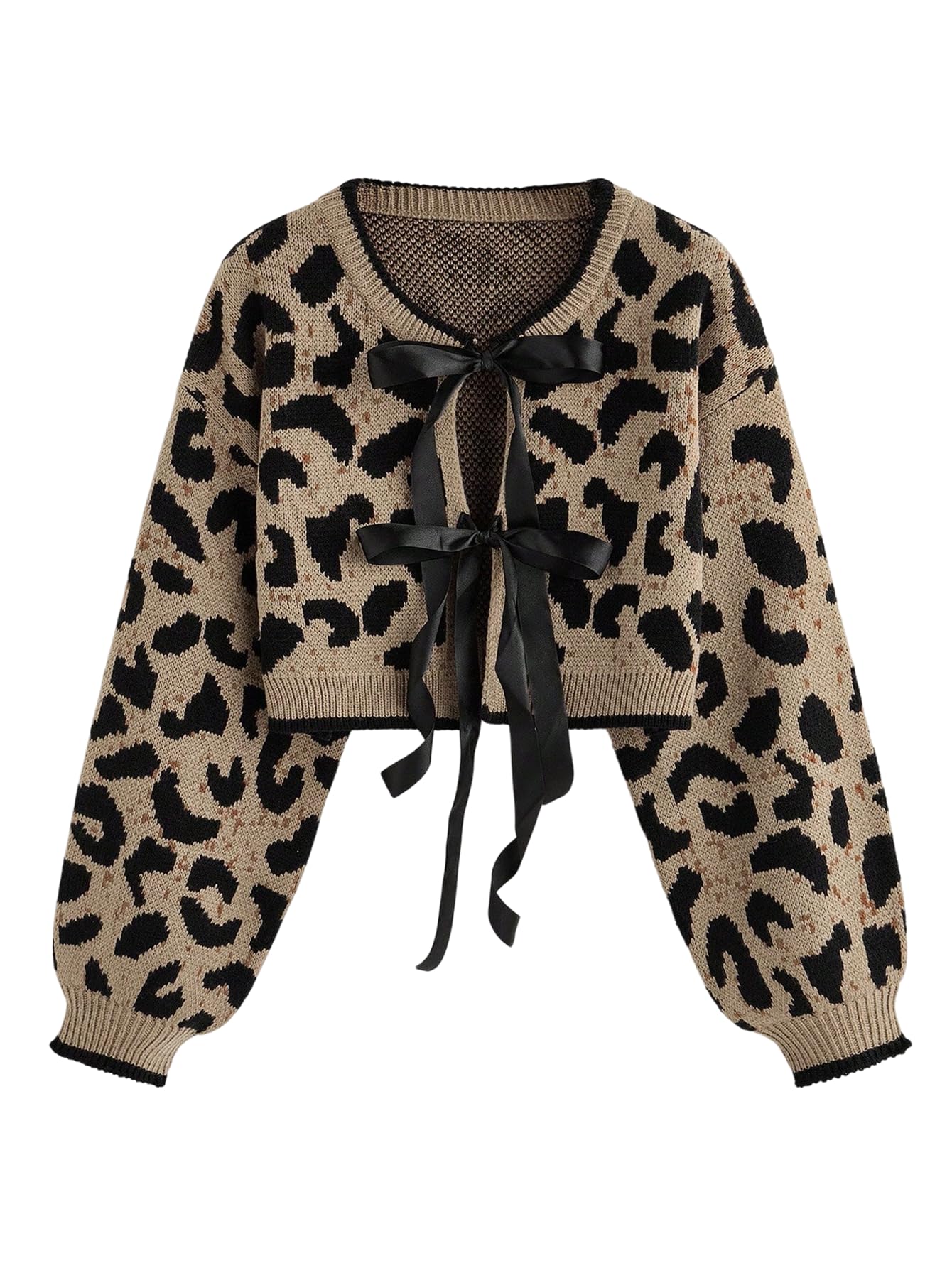 Womens Y2k Cheetah Cardigan Sweater Bow Tie Front Cardigan Leopard Print Crop Sweater Long Sleeve Crew Neck Knit