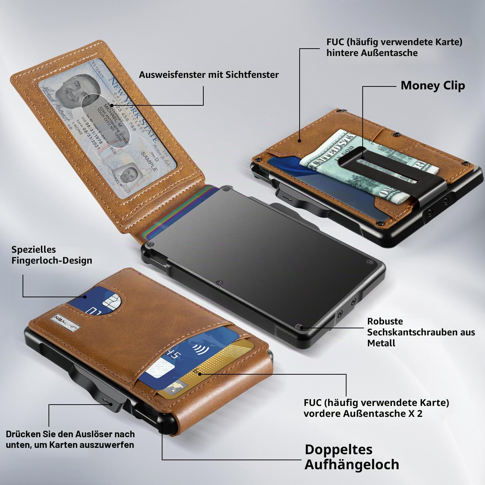 umoven Geldbörse für Herren – mit Geldklammer, schlanke Lederfächer, RFID-blockierend, Bifold minimalistische Geldbörse, Braun, Minimalistisch
