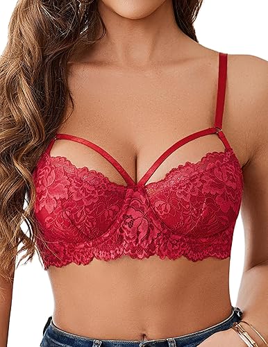 Avidlove Sexy Bras for Women Lace Underwire Bra Adjustable Strappy Two Layer Bra V Neck Unlined Lingerie - XX-Large - Dark Red