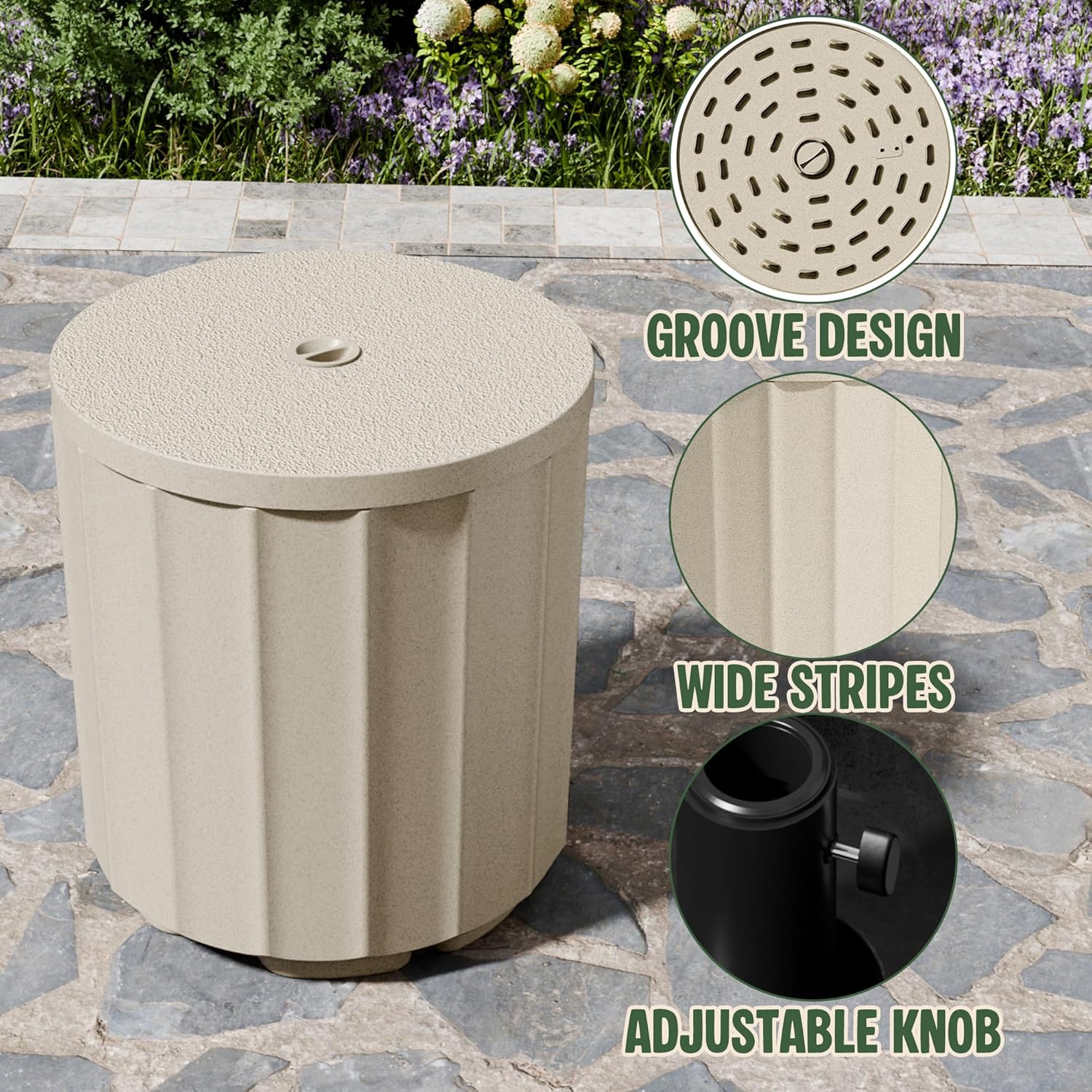Outdoor Side Table, Patio Table with 1.9" Umbrella Hole, Umbrella Base with Plastic Bags Attached, Weighted Umbrella Stands with Wide Stripes, in Pool Umbrella Stand, for Pool, Garden, Beige