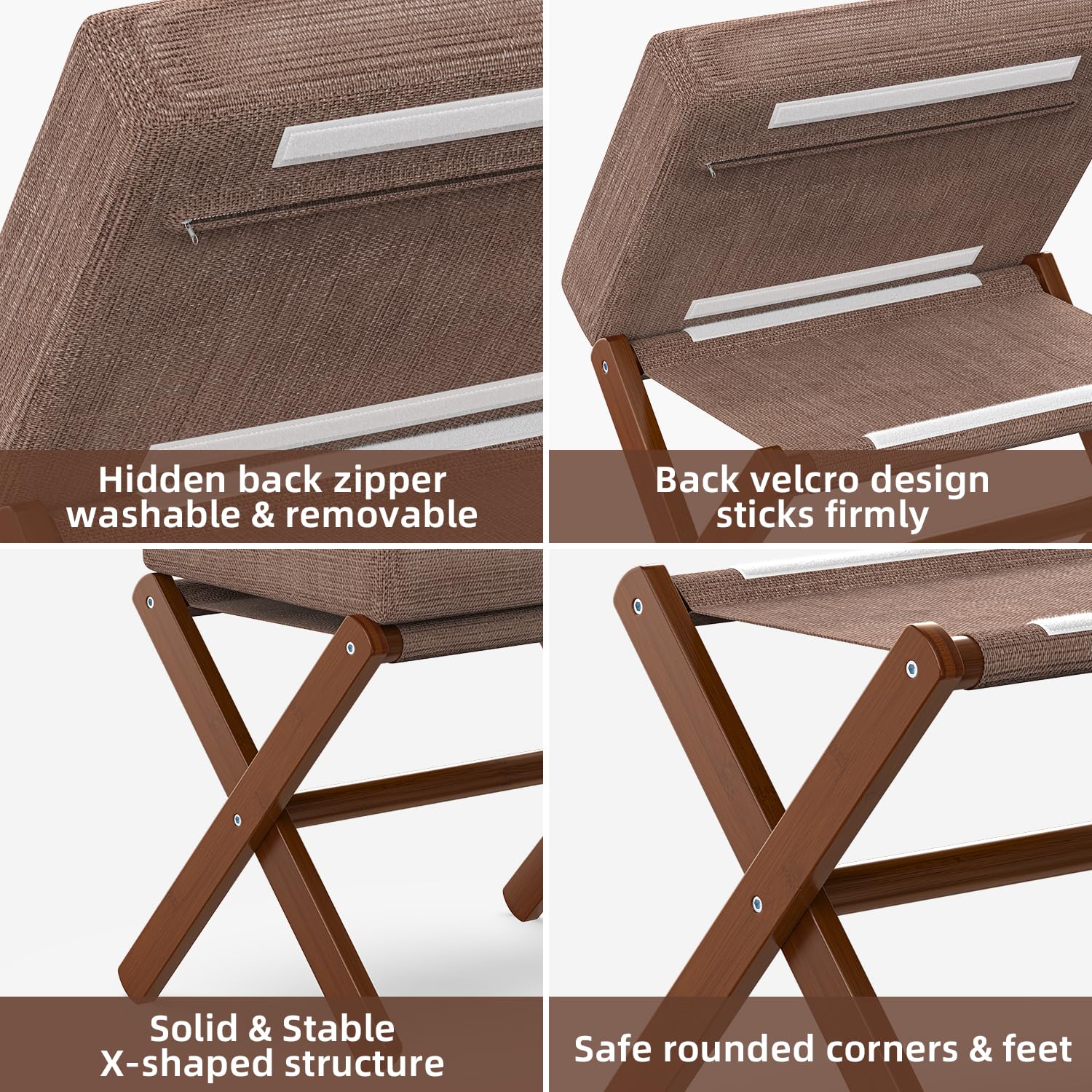 BAMBOOHOMIE Taburete plegable otomano, reposapiés moderno con patas de bambú en X y cojín de espuma gruesa, taburetes plegables pequeños acolchados para dormitorio, sala de estar, taburete de tocador