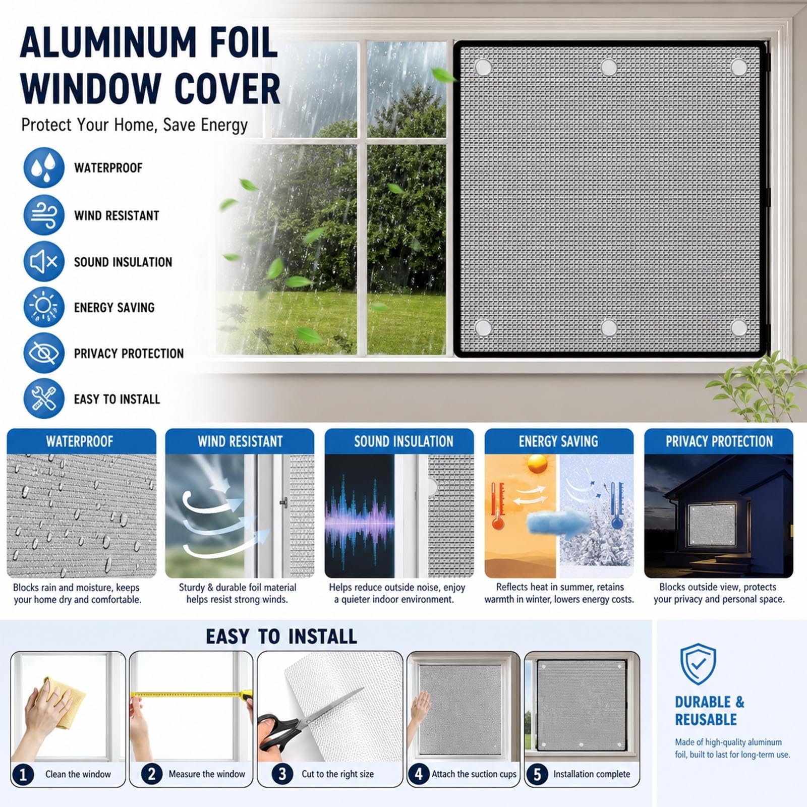 Fensterfolie Sonnenschutzfolie Sichtschutz Wärmeisolierung 99% Verdunkelung Doppelte Aluminium Isolierfolie 9mm mit Saugnäpfen Verdunkelungsfolie Thermische Dachfenster(Gray,90x140 cm)