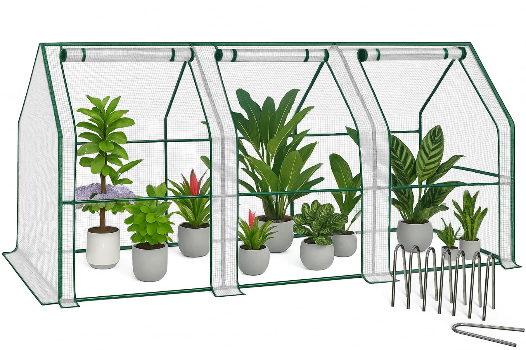VOUNOT® Mini Greenhouse with 3 Roll-Up Zipper Windows, Plant Grow House Plant Tuneels Reinforced 135g/m² PE Cover for Seedlings, Flowers, Vegetables, 270x90x90cm, White