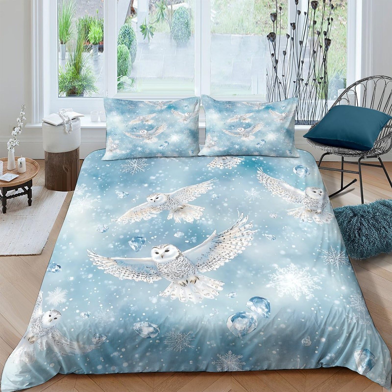GPLZQXKJNH 3D Printed Sky Blue Owl Duvet Cover Microfiber Soft Breathable Birds Bedding Set with 2 Pillowcases for Bedroom Decor Single（135x200cm）