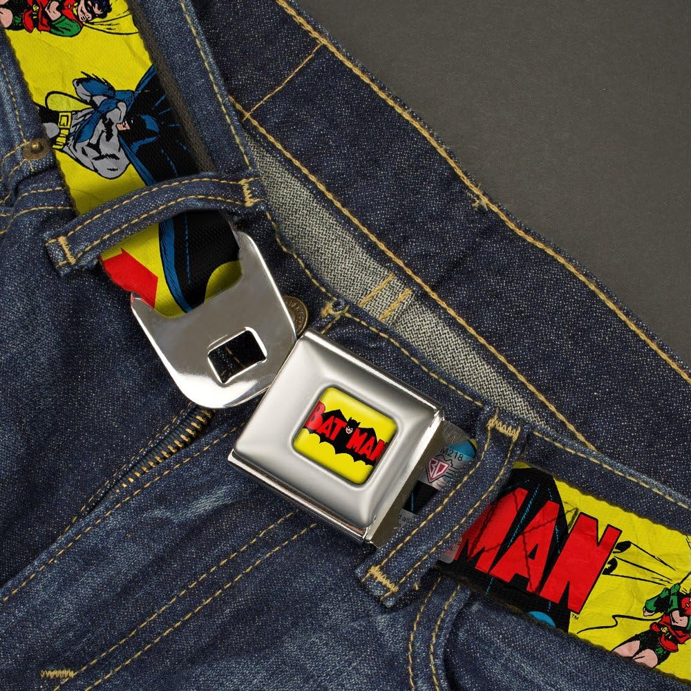 Buckle-Down Men's Seatbelt Belt Kids, Classic Issue # Robin/Batman Cover Pose Yellow/red, 1.0" Wide-20-36 Inches