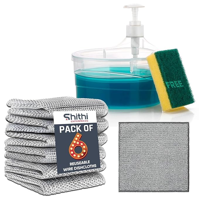 Double Layer 2-in-1 Liquid Soap Dispenser for Kitchen & Multipurpose Non-Scratch Wire Dishwashing Rags for Wet and Dry Dishwash Cloths (Pack of 6)