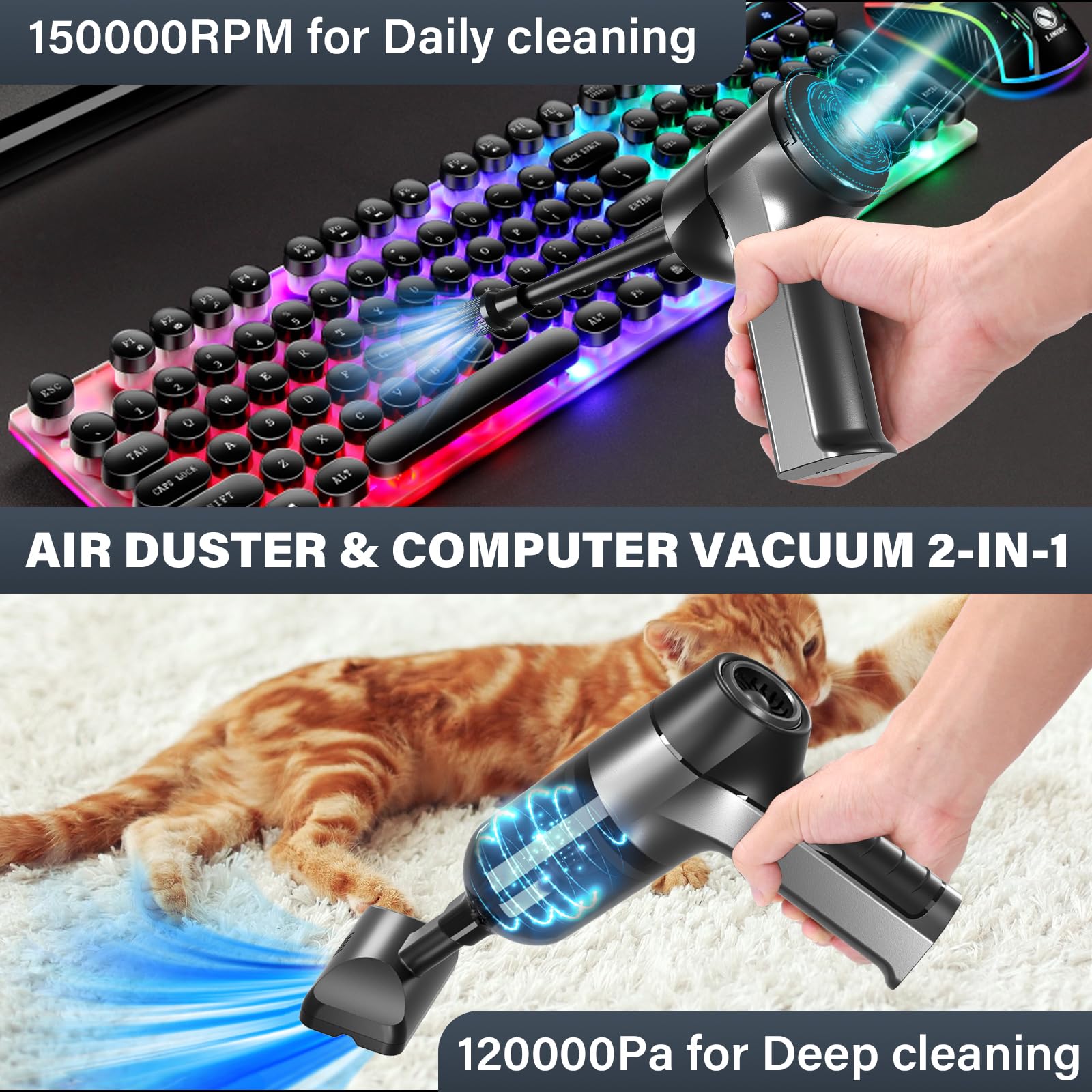 Aspirapolvere e depolveratore - Soffiatore per PC - 2 in 1 Depolveratore ad aria compressa senza fili - 14Kpa Aria Compressa Spray per PC, Divano, Auto