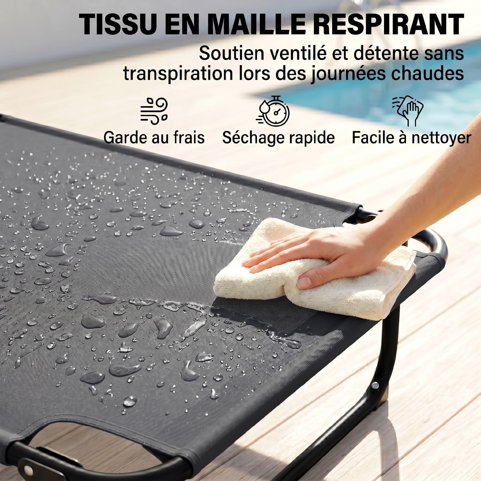 Outsunny Bain de Soleil Transat de Plage Pliable Appuie-Tête Gris | Trou de Lecture, Chaise Longue, Dossier Inclinable en Textilène, Jardin Extérieur, Camping, Piscine, Terrasse