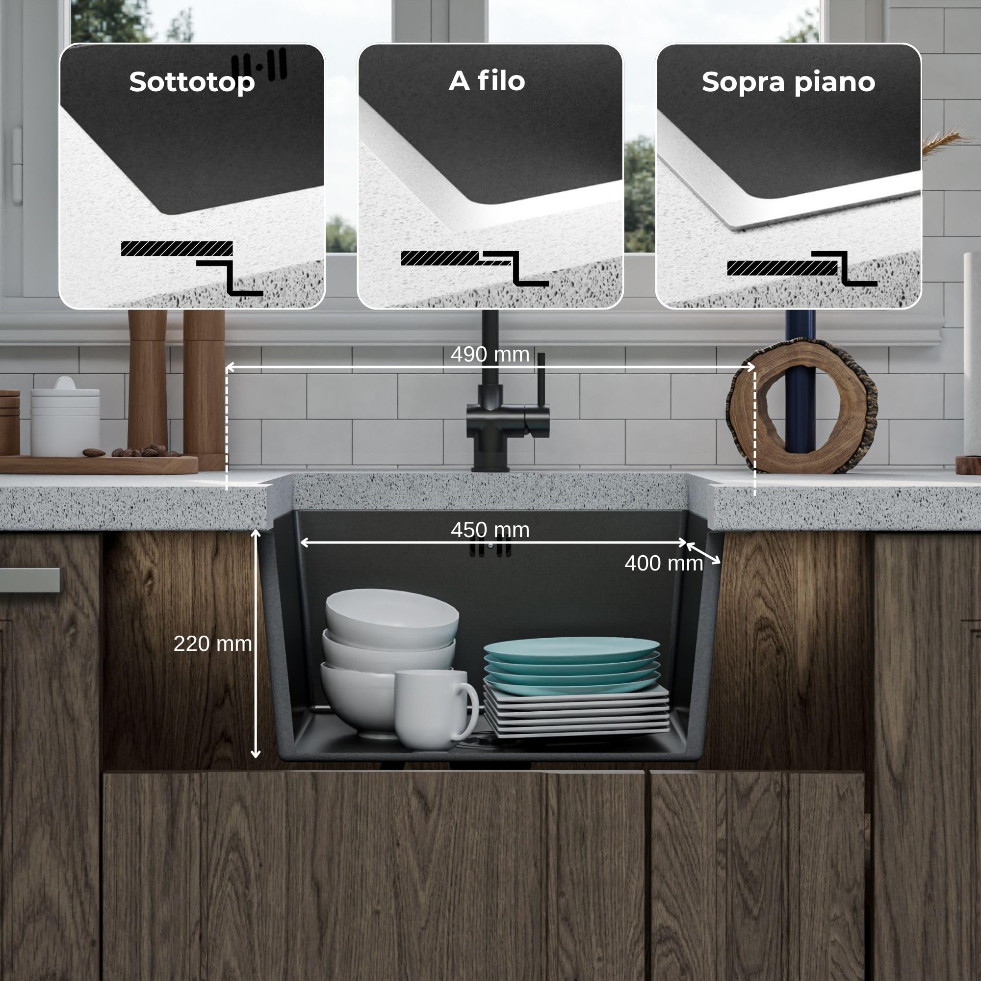 ANW HOME Lavello Cucina 1 Vasca 49x44 cm, Nero | Incasso/Sottotop, Rivestimento Nano, Spessore 3,0/1 mm, Profondità 22 cm, Con Sifone