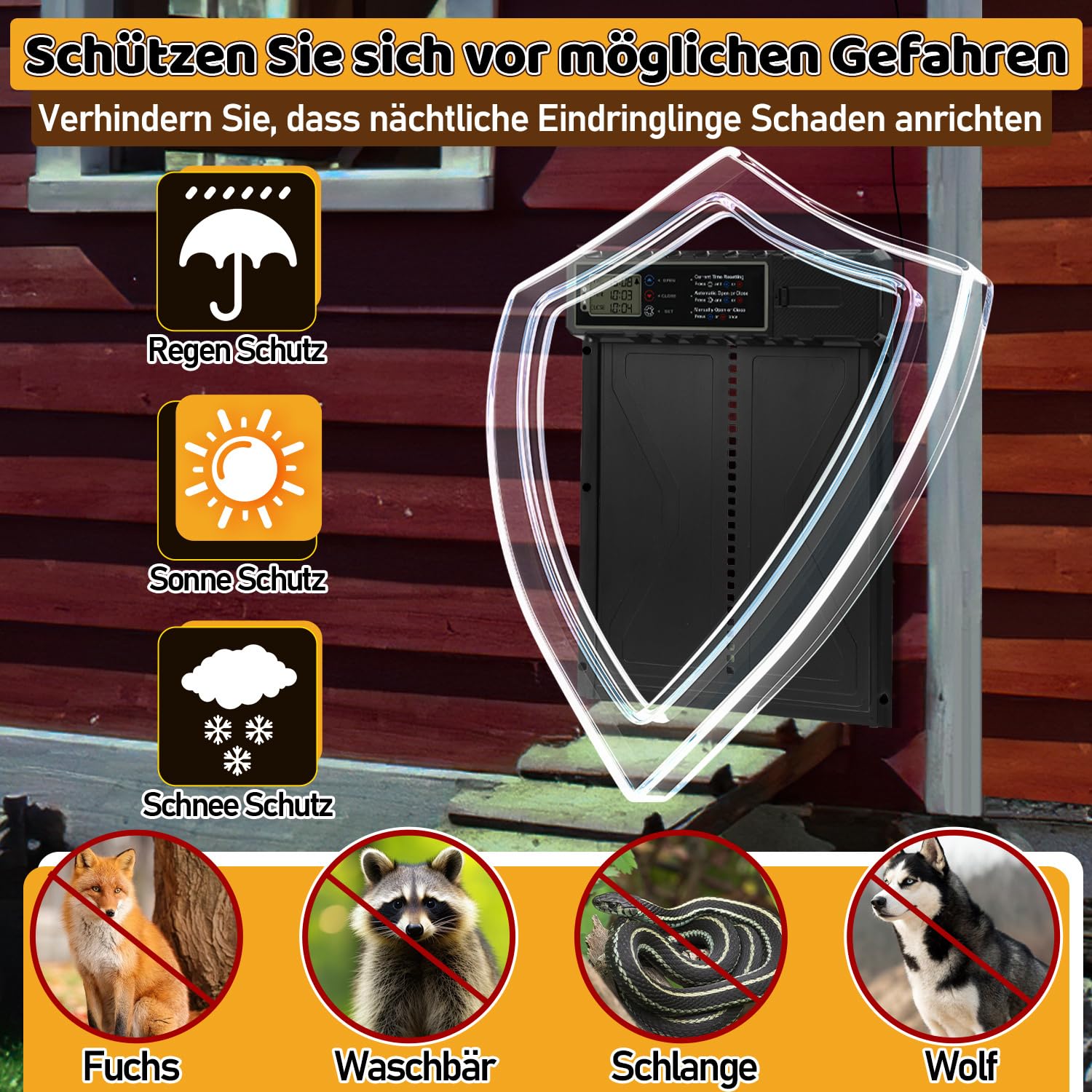 Hühnerklappe Automatisch Solar, Aluminum Elektrische Hühnerklappe Hühnertür mit Wasserdicht Großes LCD Display, Timer und Fernbedienung, Einklemmschutz