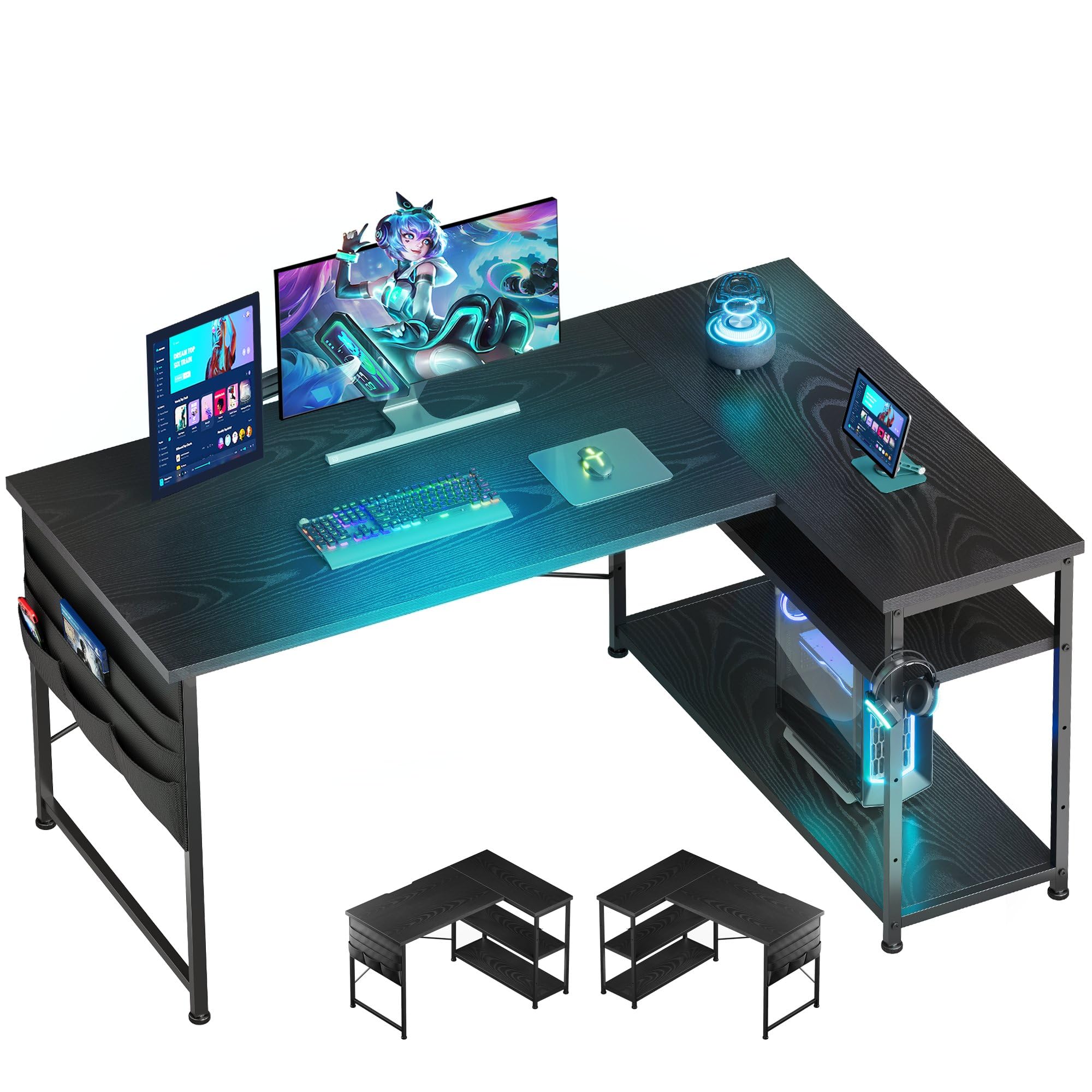 L 字デスク 幅107cm 収納ラック 収納袋付き 左右入替可 ゲーム ブラック Amazon | YeTom ゲーミングデスク l字デスク pcデスク 右棚左棚