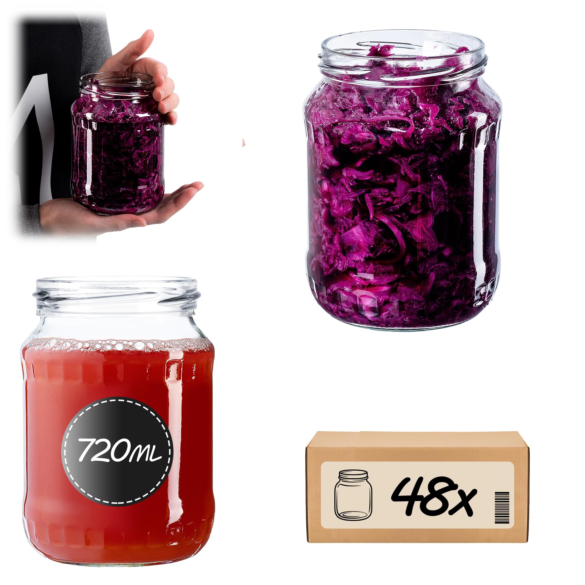 KADAX Lot de 48 grands bocaux en verre 720ml Ø82 à pois rouges – Couvercle Twist-Off hermétique TO82 – Pour conserves, cornichons, légumes fermentés & confitures maison