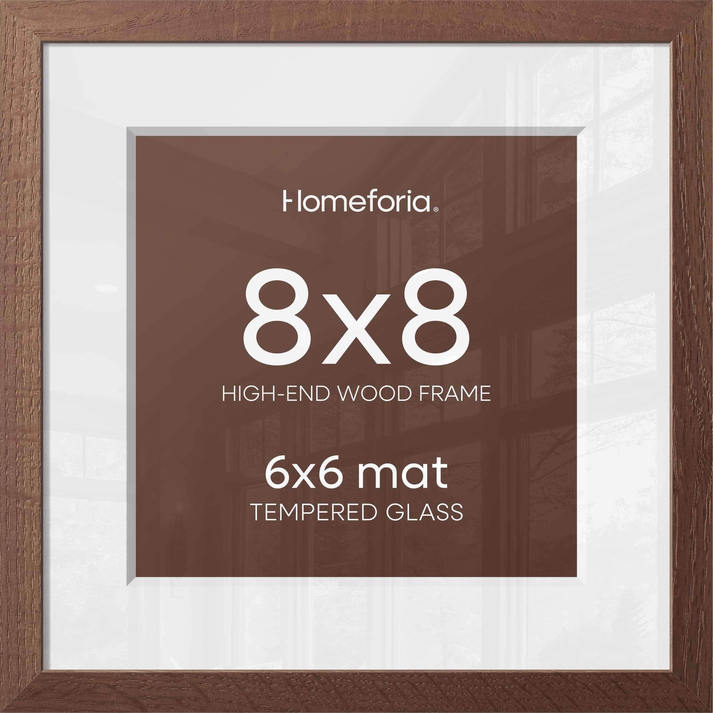Homeforia 8x8 Brown Oak Picture Frame, High-End Wood, 6x6 Mat, Glass | High End Solid Oak Wood, Tempered Glass, Acid-Free 6x6 Removable Mat, 8x8 Edge-to-Edge Display 8x8, Wall Kit, Set Of 1