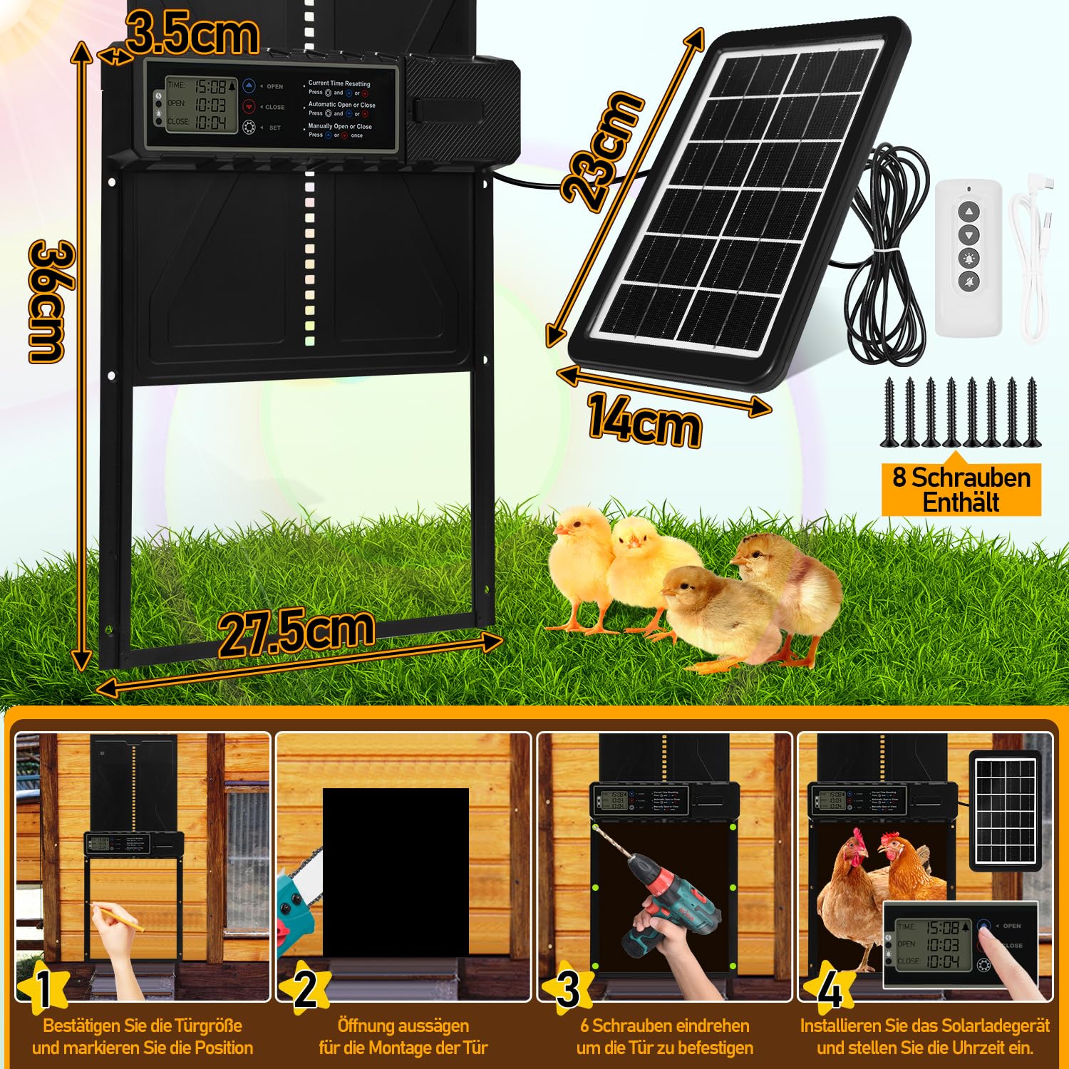Hühnerklappe Automatisch Solar, Aluminum Elektrische Hühnerklappe Hühnertür mit Wasserdicht Großes LCD Display, Timer und Fernbedienung, Einklemmschutz