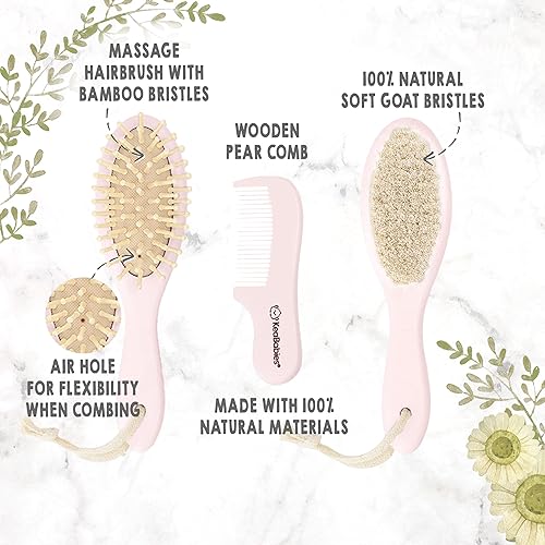 Miniatura 3 de Juego de cepillo y peine para recién nacidos y bebés, cepillo de madera natural con cerdas suaves de cabra para la cuna (ovalado, rubor) - Toallas y