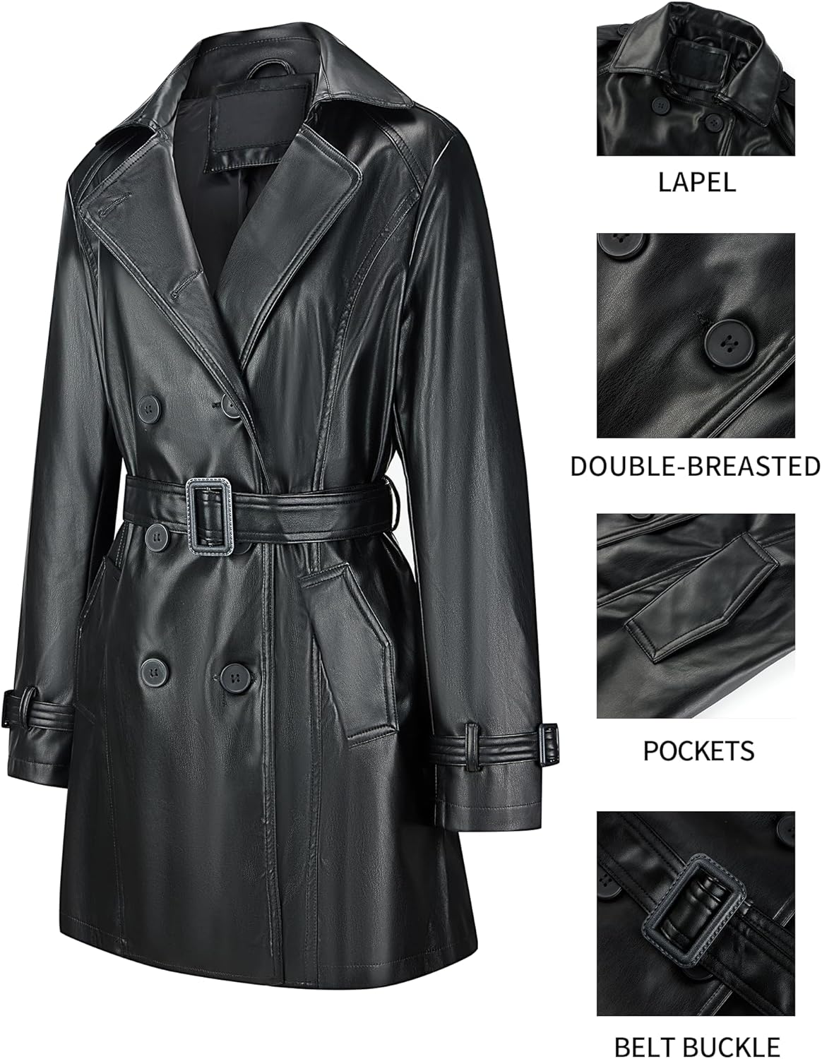 Bellivera Women Trench Coat Long Loose Jacket Faux PU Leather Oversize Classic Lapel Overcoat with Belt - Image 3