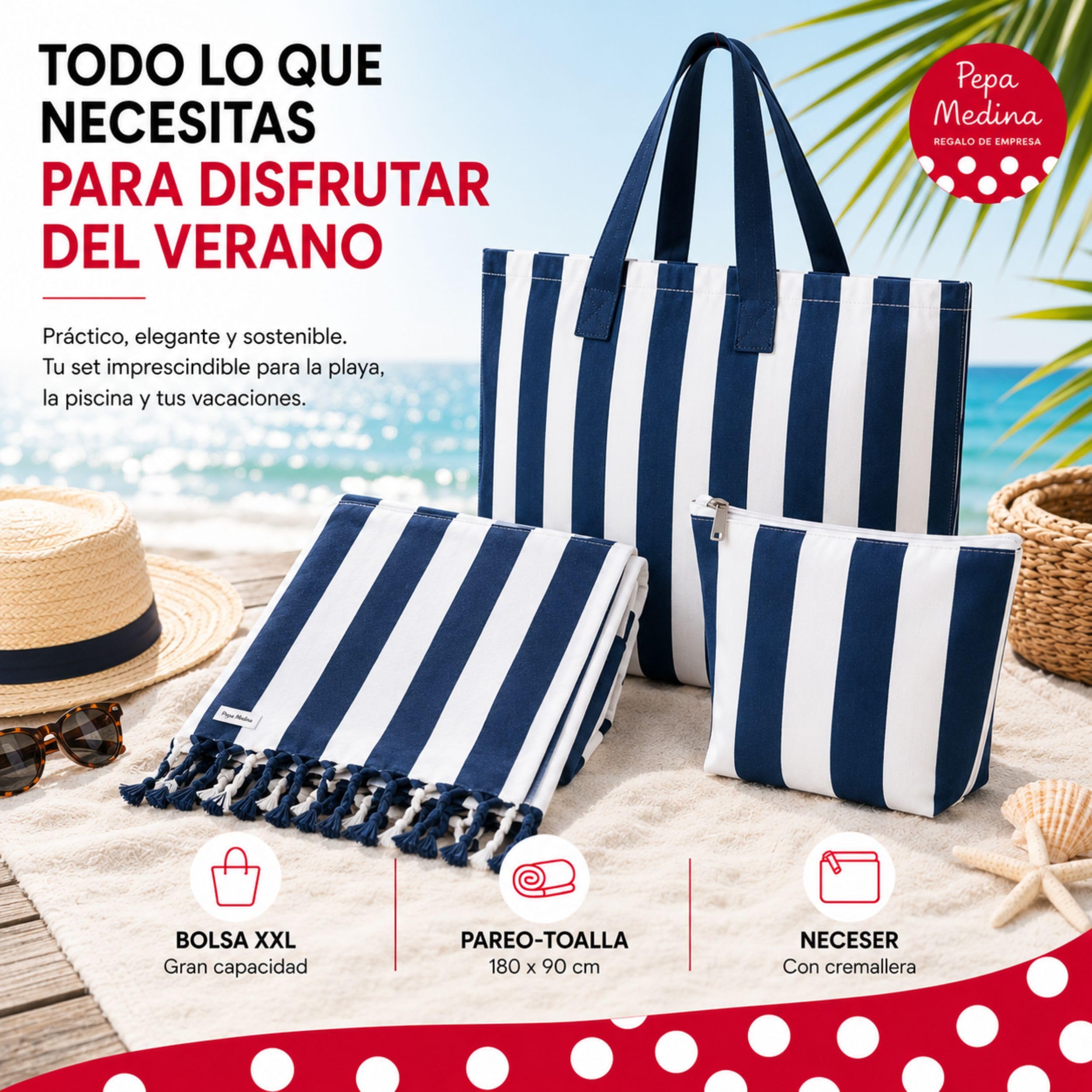 Set da spiaggia da donna, 3 pezzi, blu navy, grande borsa in cotone riciclato, pareo asciugamano 180 x 90 cm e trousse con cerniera, kit spiaggia, piscina, vacanze, regalo da donna