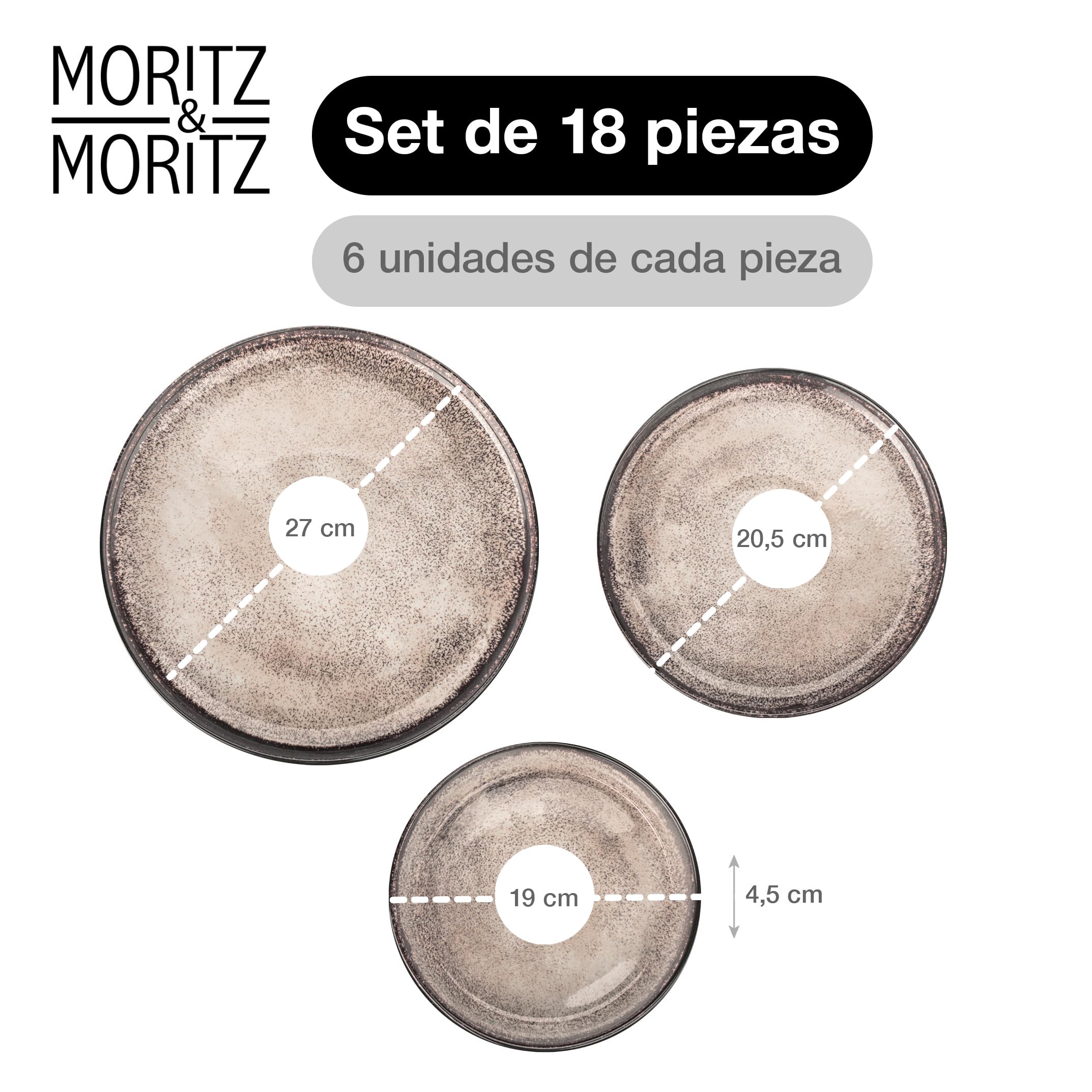 Moritz & Moritz VIDA Juego de 18 piezas de platos de mesa Juego de vajilla combinada en beige para 6 personas - de porcelana apta para el lavavajillas y el microondas