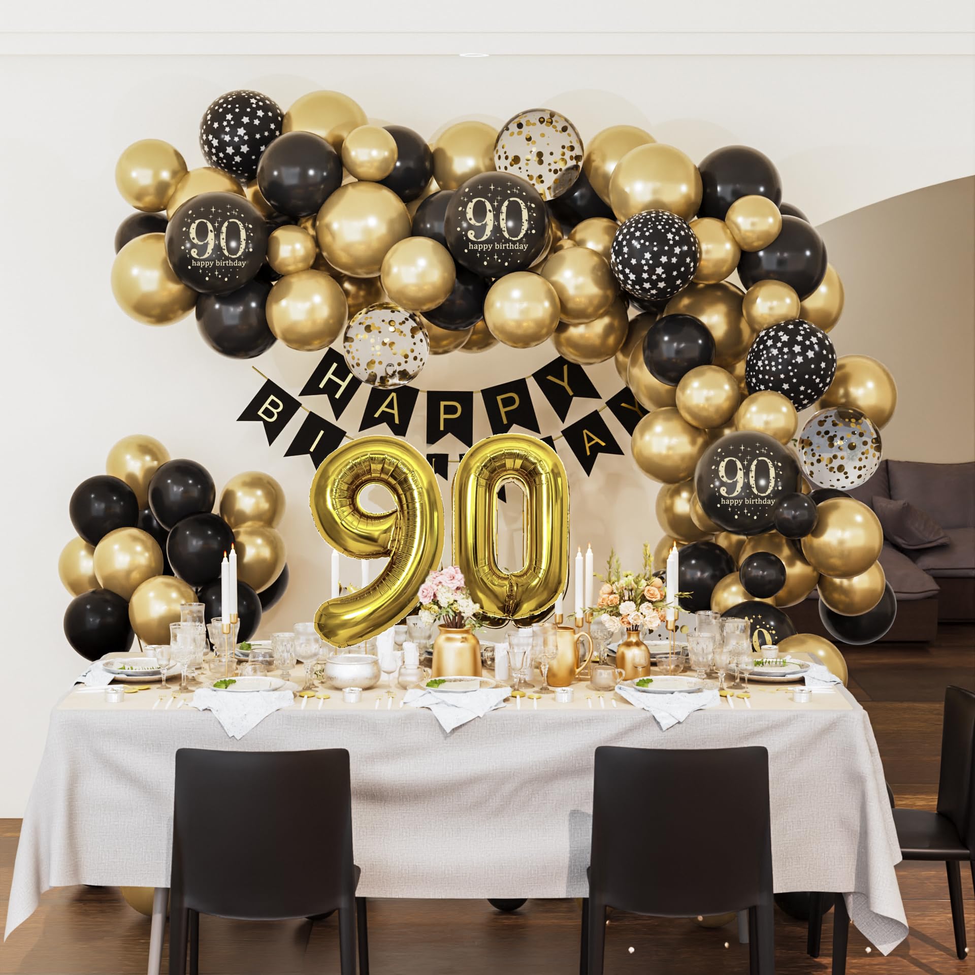 Black & Gold 90th Birthday Party Decorations Set with Banner