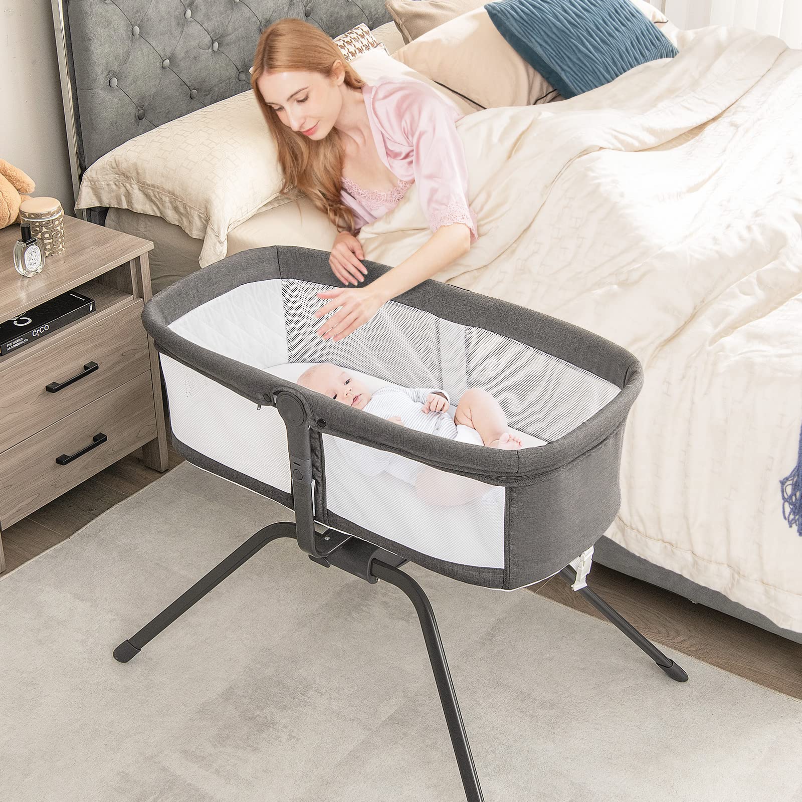 DREAMADE Berceau Cododo Bébé 92x63x74CM avec Matelas Lit Parapluie Bébé 0-6 Mois avec Angle Réglable,Filet de Ventilation Lit d’Appoint Nourrissons Charge 9 KG (Gris)
