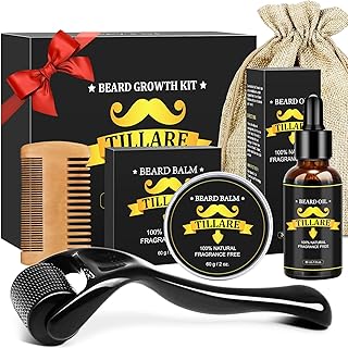 TILLARE Beard Growth Kit - Beard Kit with Beard Oil, Beard Massager, Beard Balm, Comb, Beard Growth Products for Patchy Beard, Birthday Gifts for Men Husband Boyfriend Dad