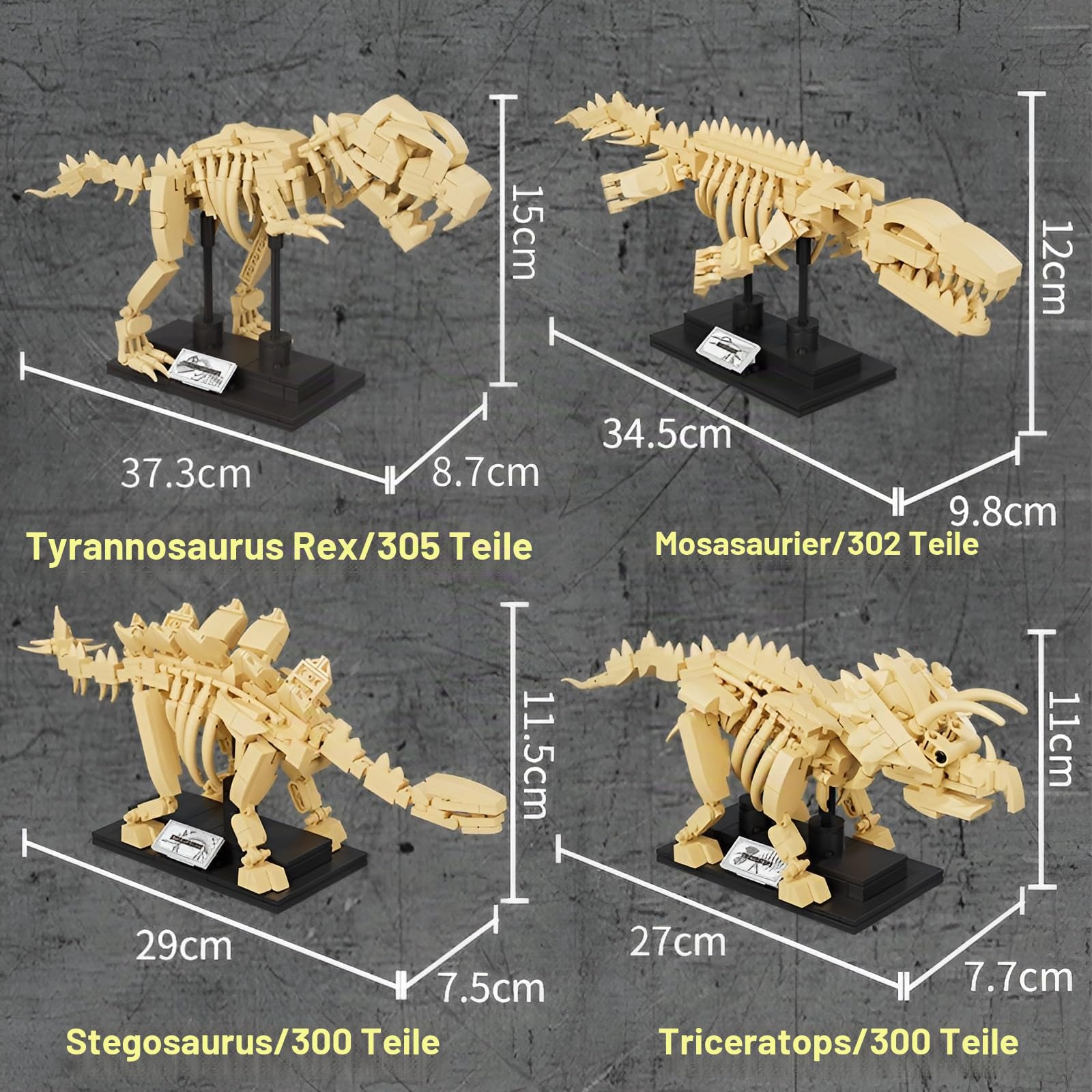 4-in-1-Dinosaurier-Skelett-Bausatz, 1221 Teile T-Rex, Stegosaurus-bausteine