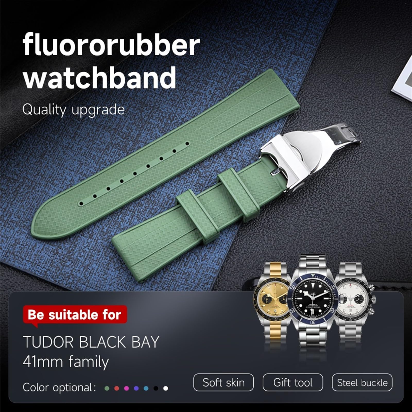 Für Tudor Armband M79360.M79363 Edelstahl-Faltschließe Black Bay 1958 GMT 41 mm Zifferblatt 22 mm flaches Ende weiches Fluorkautschuk-Uhrenarmbänder