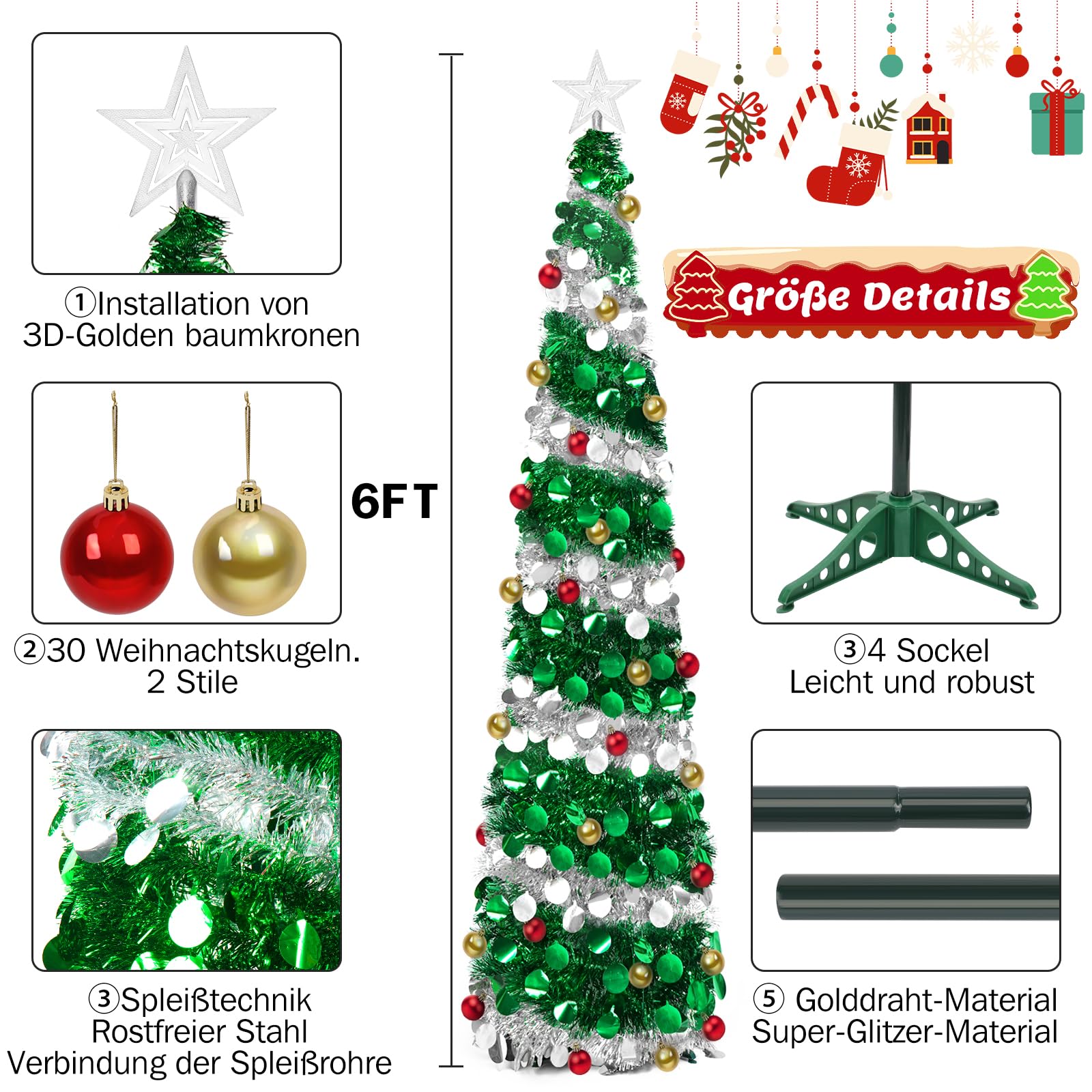 Sapin de Noël Artificiel Pliable de 180 cm | avec boules d'étoiles et support,pour décoration de Noël, vert + argent, décoration de maison, bureau