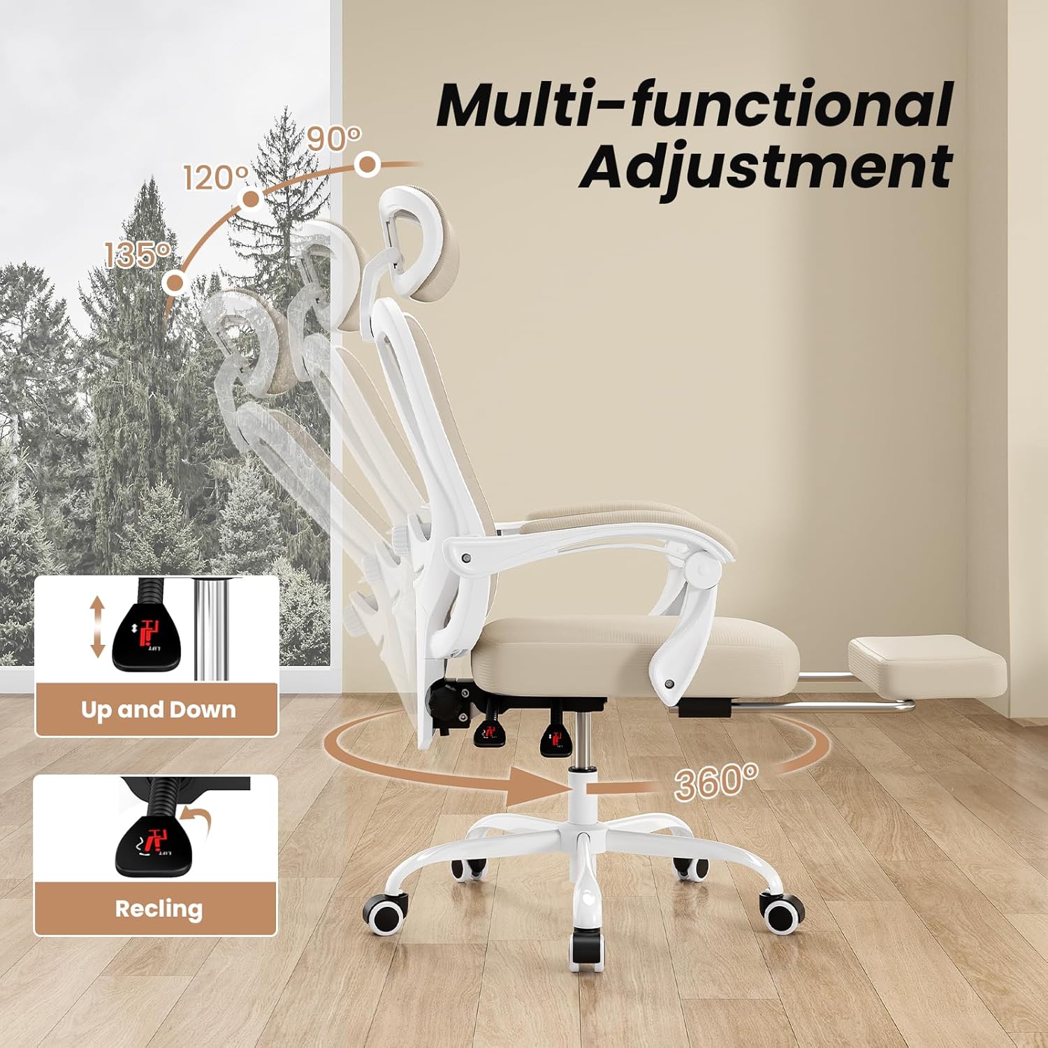 Farini Office Chair with Footrest, Ergonomic Mesh Office Chair with Headrest, High Back Desk Chair with Lumbar Support, Swivel Computer Chair for Office Study Room, White and Khaki