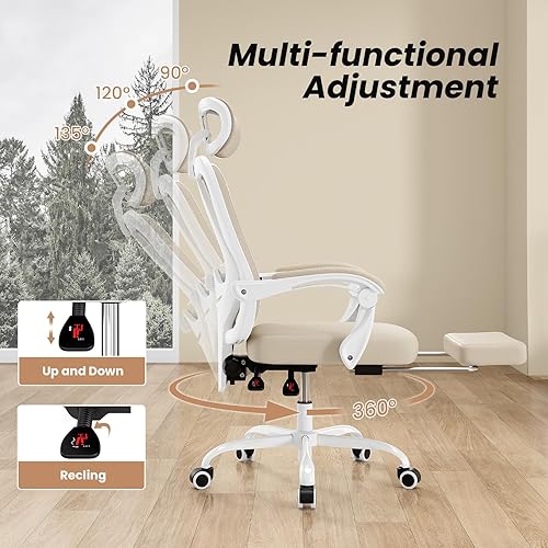 Miniatura 6 de Farini Silla de oficina con reposacabezas, silla de oficina ergonómica de malla con reposapiés, silla de escritorio de respaldo alto con madera