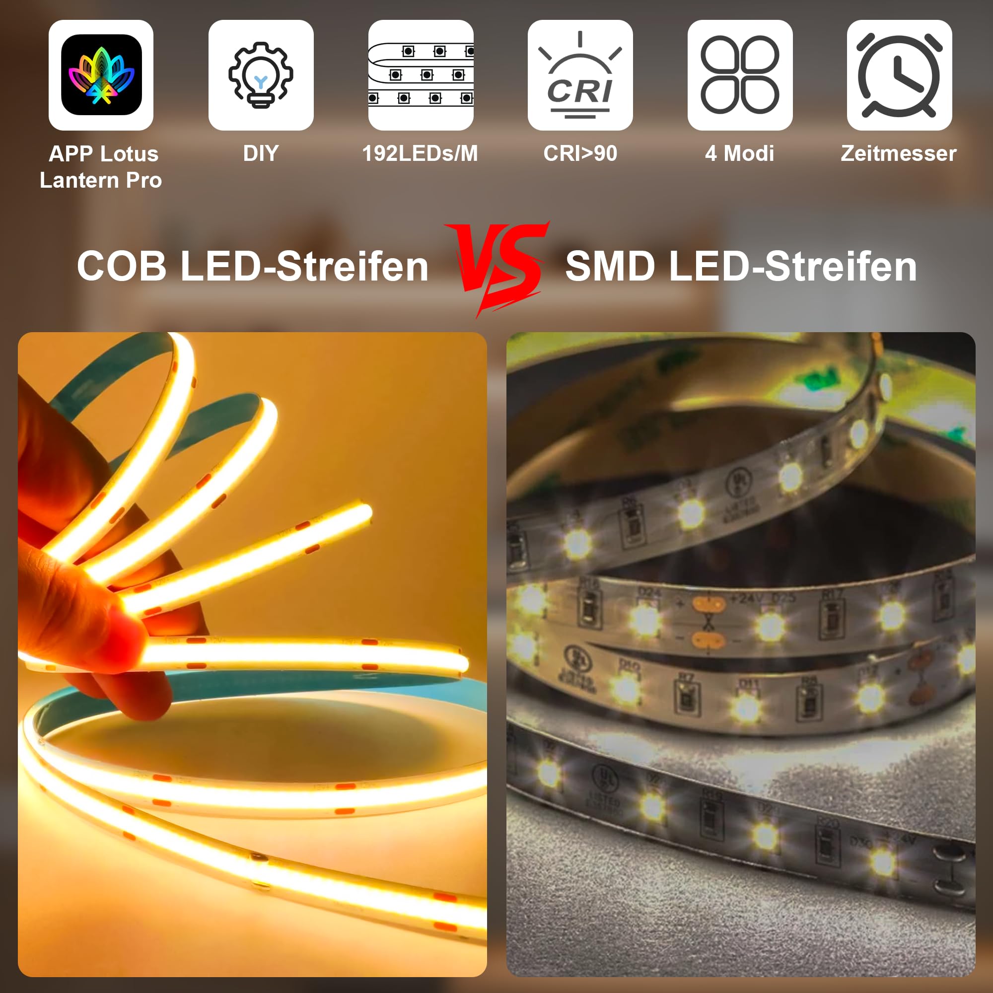 Cozylady COB LED-Streifen, LED-Lichtband 3000K-6000K, 5V-24V dimmbare LED-Leiste, mit Fernbedienung und Stromversorgung, geeignet für die Innendekoration zu Hause, Küche, Spiegel. (Wärmeweiß, 5m)