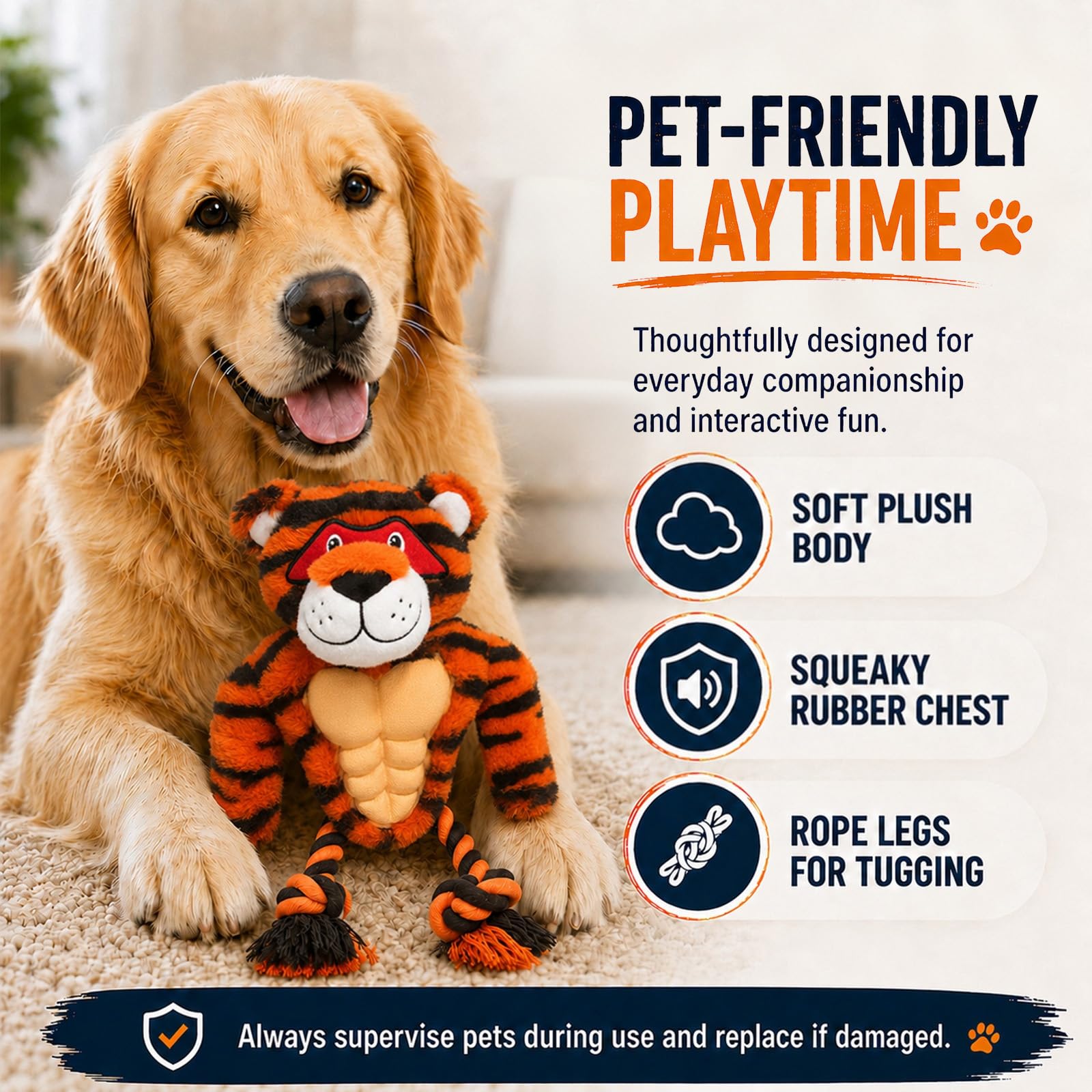 Juguete de cuerda chirriante de tigre de peluche, razas de perros pequeños y medianos, juguete de peluche interactivo duradero para masticadores agresivos, dentición de cachorros, ejercicio,