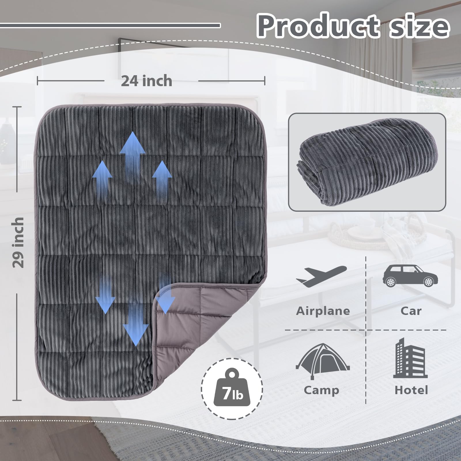 HunnmingRe Weighted Lap Blanket 7lbs Small Plush Weighted Blanket for Adults with Reversible Warm Crystal Velvet and Cooling, Lap Pad for Travel, Relaxation, Machine Washable, Grey, 29