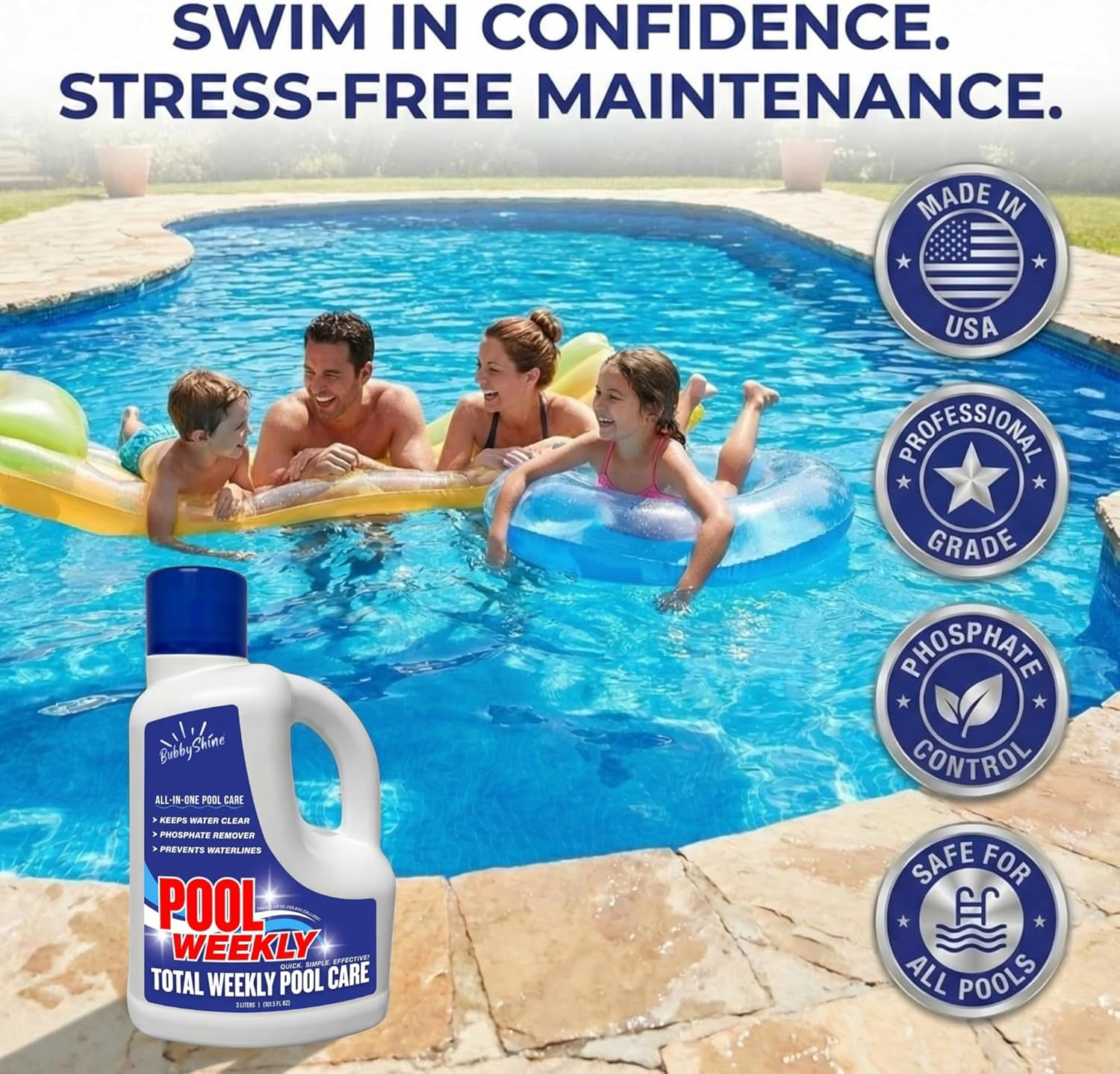 4-in-1 Weekly Pool Treatment - 3 L (101.5 fl oz) - Pool Chemicals, Phosphate Remover, Pool Clarifier, Enzyme Treatment + Waterline Cleaner, Perfect Clarity Finish, Saltwater Safe - BubbyShine