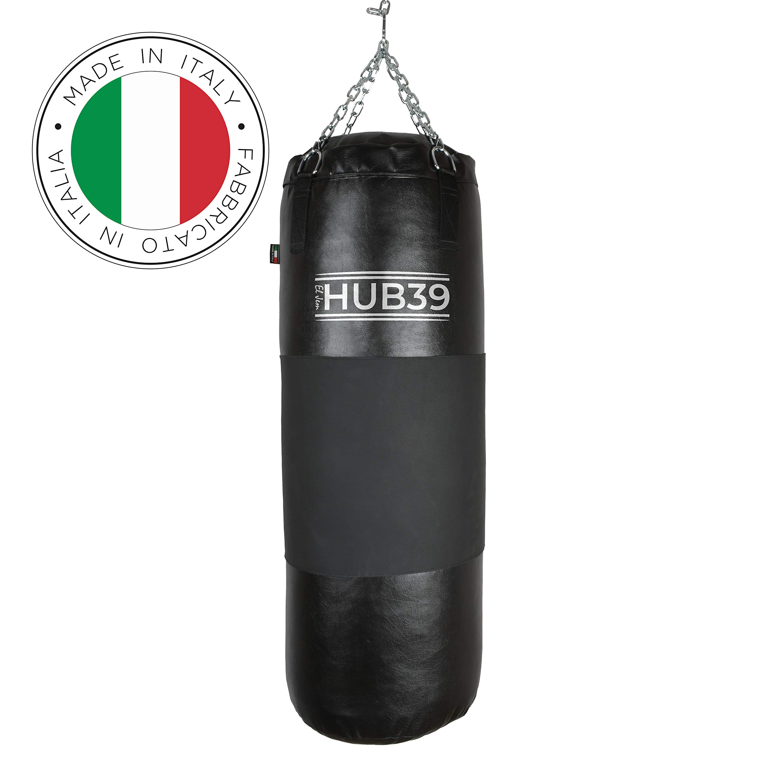 Hub39 - Sacco Boxe Pieno 50 kg.- Sacco Boxe con Fascia in Cuoio - Sacco Boxe Lungo cm.100 colore Nero Fascia Nera