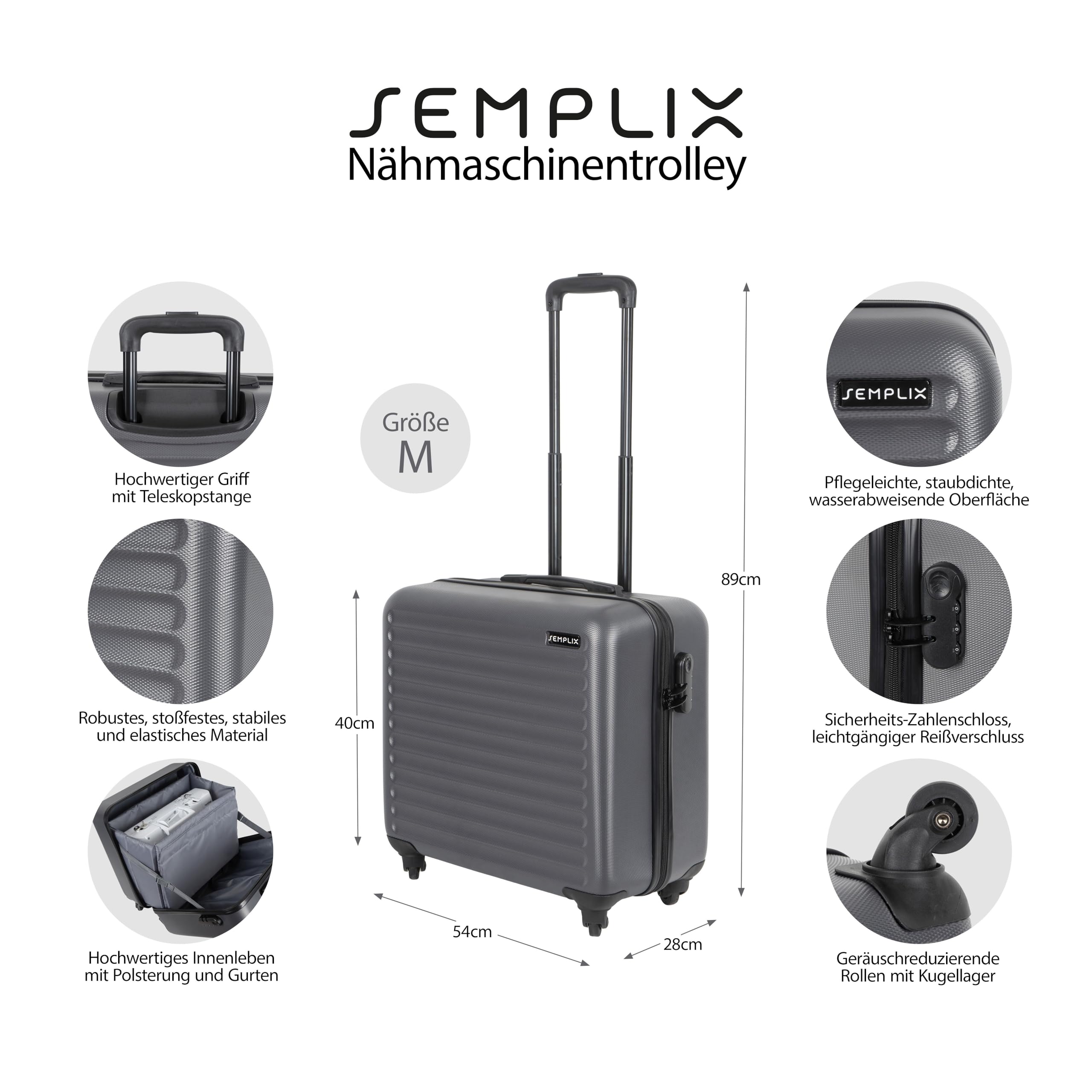 SEMPLIX Nähmaschinentrolley M stahlgrau Hartschale