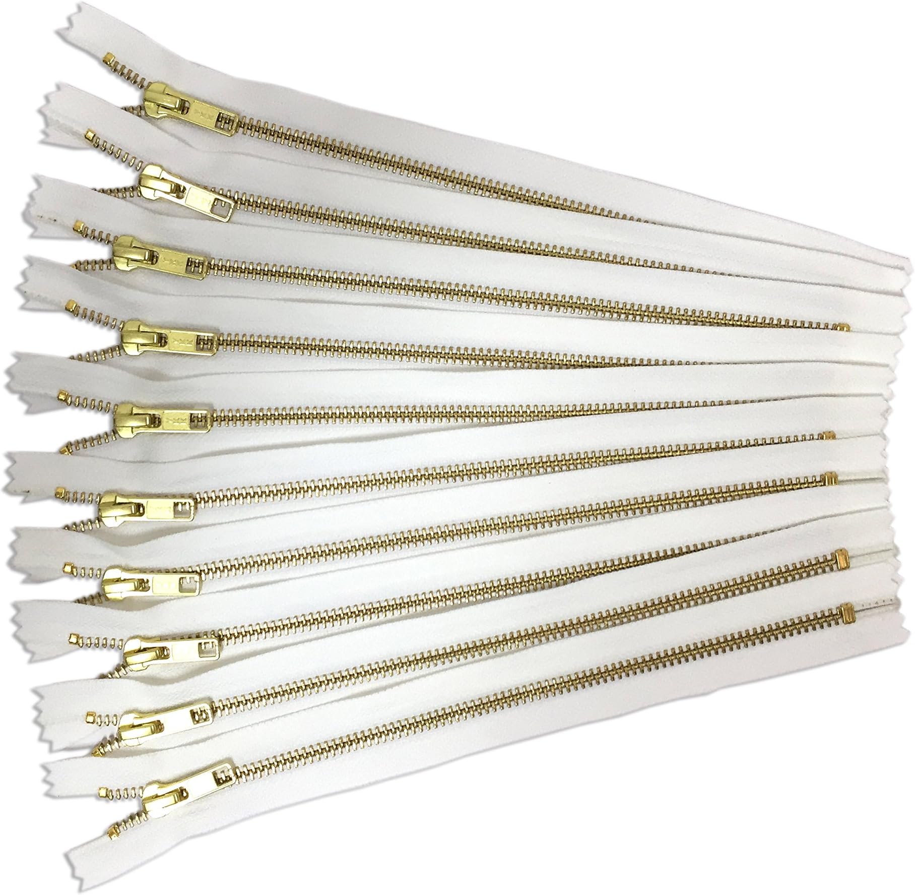 Gold Metal Zippers in White No. 5 YKK Zipper Pack of 12 8 inch