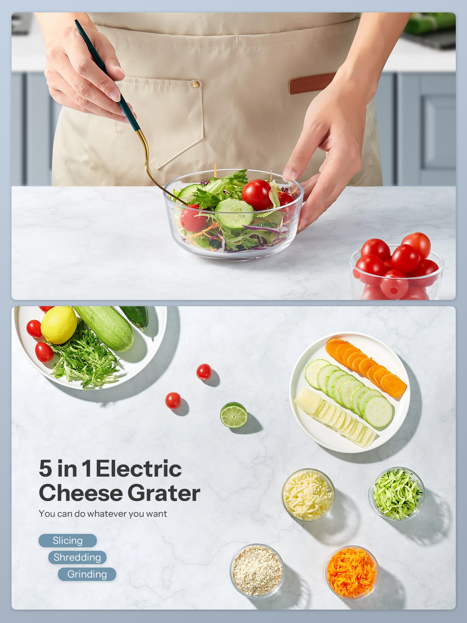 Reemix - Rallador giratorio de queso, cortador giratorio de verduras, mandolina de cocina con 3 cuchillas de acero inoxidable reemplazables (blanco1)