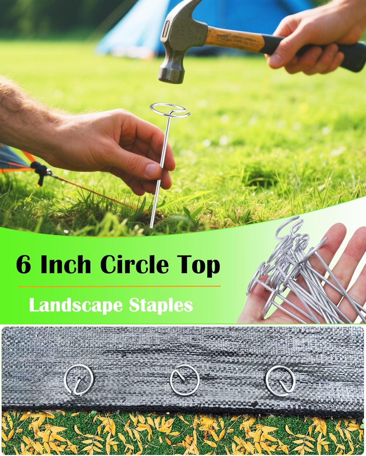 130Pcs Landscape Staples + 1 Pick Hook, Circle Top Landscape Fabric Stakes, 6-Inch Galvanized Garden Staples, Landscape Fabric Pins, Metal Weed Barrier Stake for Plant Cover, Lawn, Tent, Yard, Sod