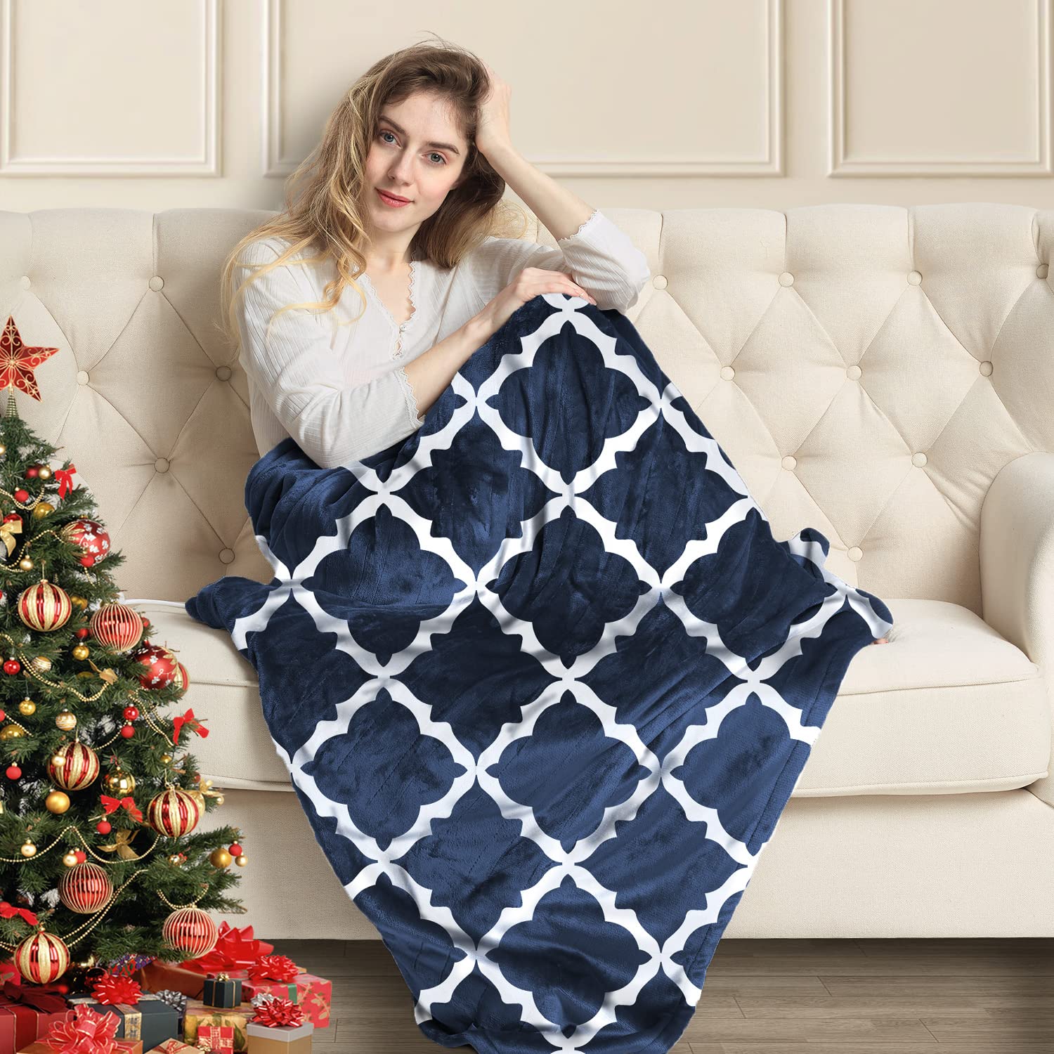 MIZZEO Electric Heated Blanket 84" x 90" Queen Size Fast Heating Blankets 100% Polyester Velvet 10 Heating Levels 1-12 Hours Auto-Off ETL Certified Machine Washable (Navy)