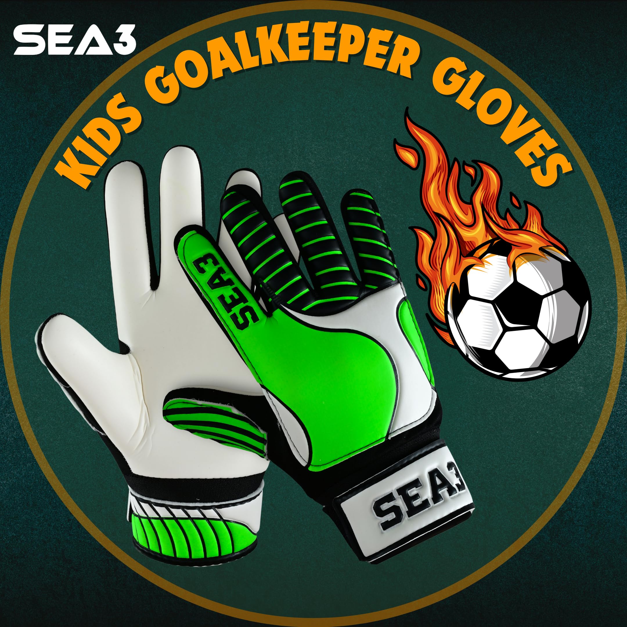 SEA3 Unisex Kids Boys Children's Junior Football Goalkeeper Sports Soccer Training Goalie Gloves, Green - Size 2: Age 4 to 5 Years - Image 3