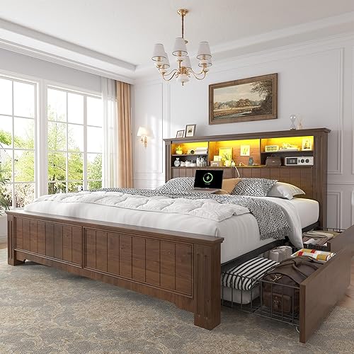 Miniatura 10 de EnHomee Marco de cama tamaño king con cabecero y almacenamiento, 4 cajones y estación de carga LED incorporada, marco de cama tamaño king con