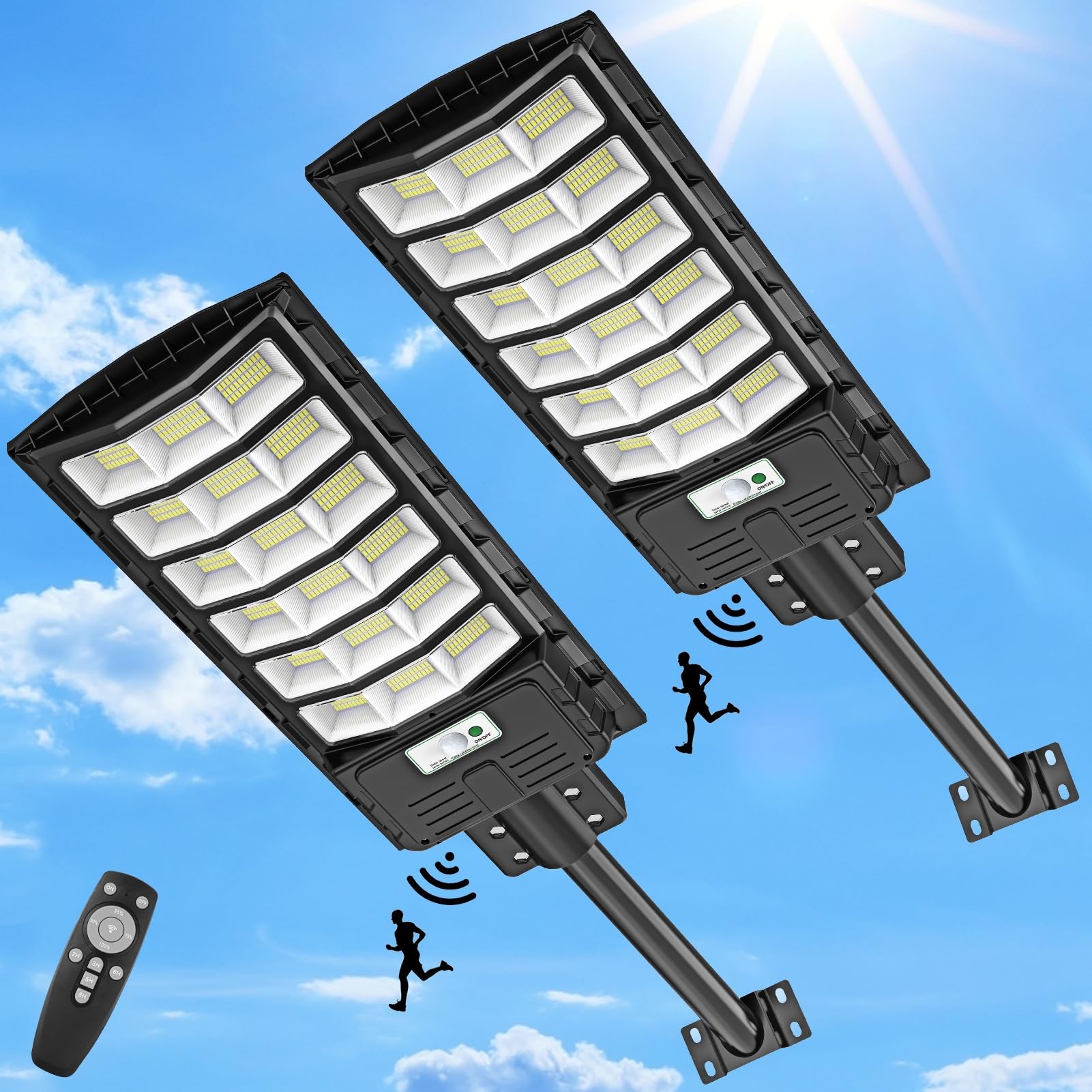 600W Solar Straßenlaterne, 6500K LED Strahler mit Bewegungsmelder Sensor, 2 Stück Solarlampen Straßenleuchte Wandleuchte Wegeleuchte Außen-Sicherheitsbeleuchtung für Garten Hof Garage Straßen
