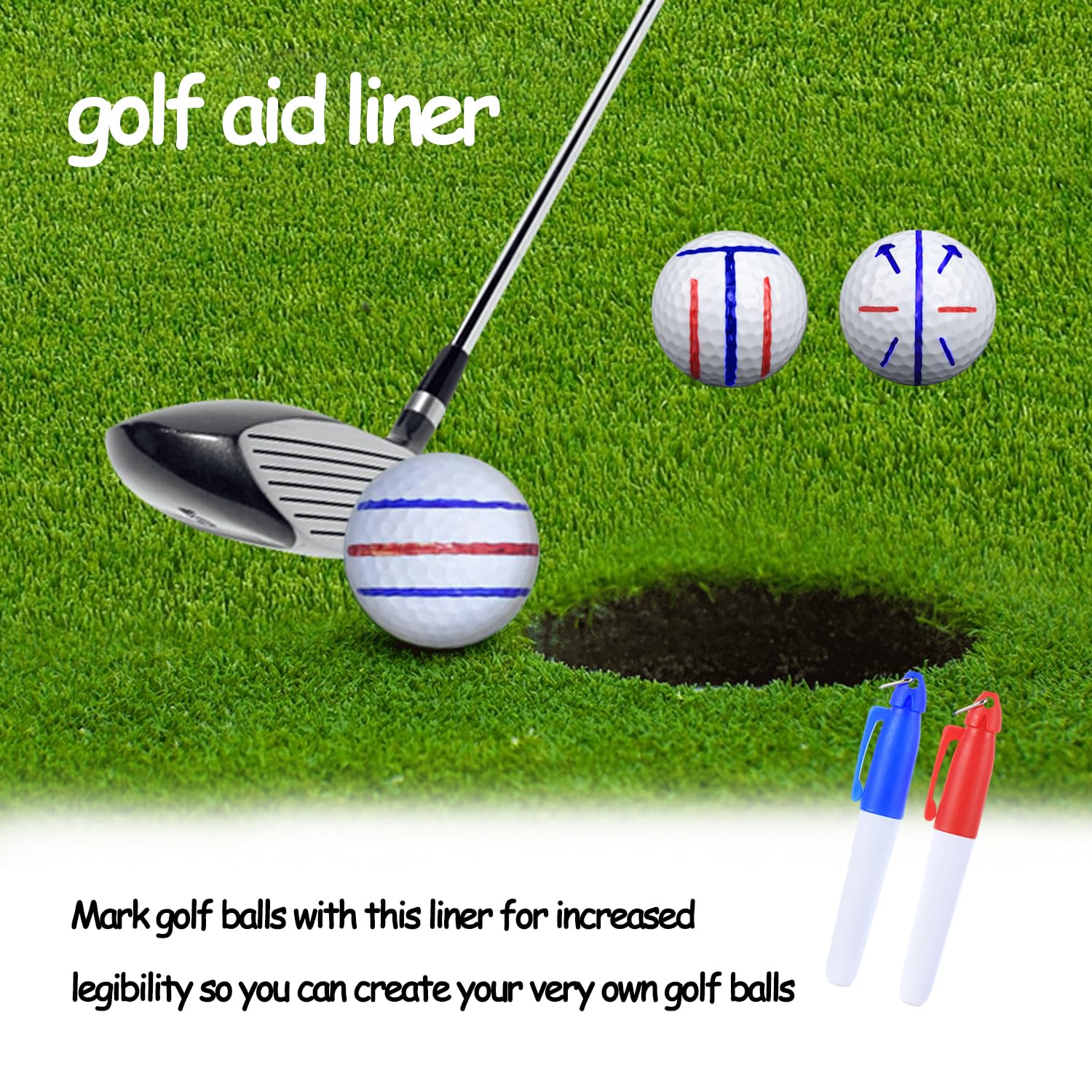 Set di allineamento per pallina da golf - Confezione da 3 inserti, 2 penne, pennarelli