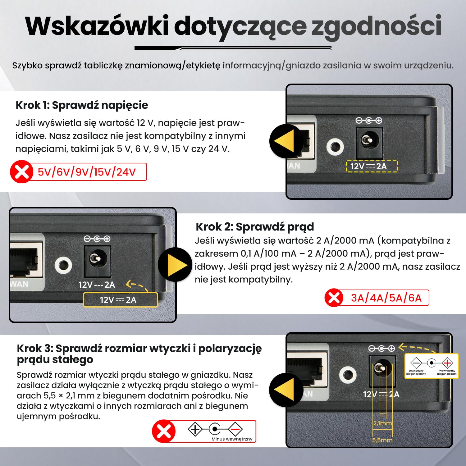 Zasilacz 12 V, 2 A, 1,8 m, adapter przełącznika AC DC (wejście 100-240 V, wyjście 12 V 2A), gniazdo transformatora do montażu na ścianie z 8 wymiennymi gniazdami, certyfikat CE